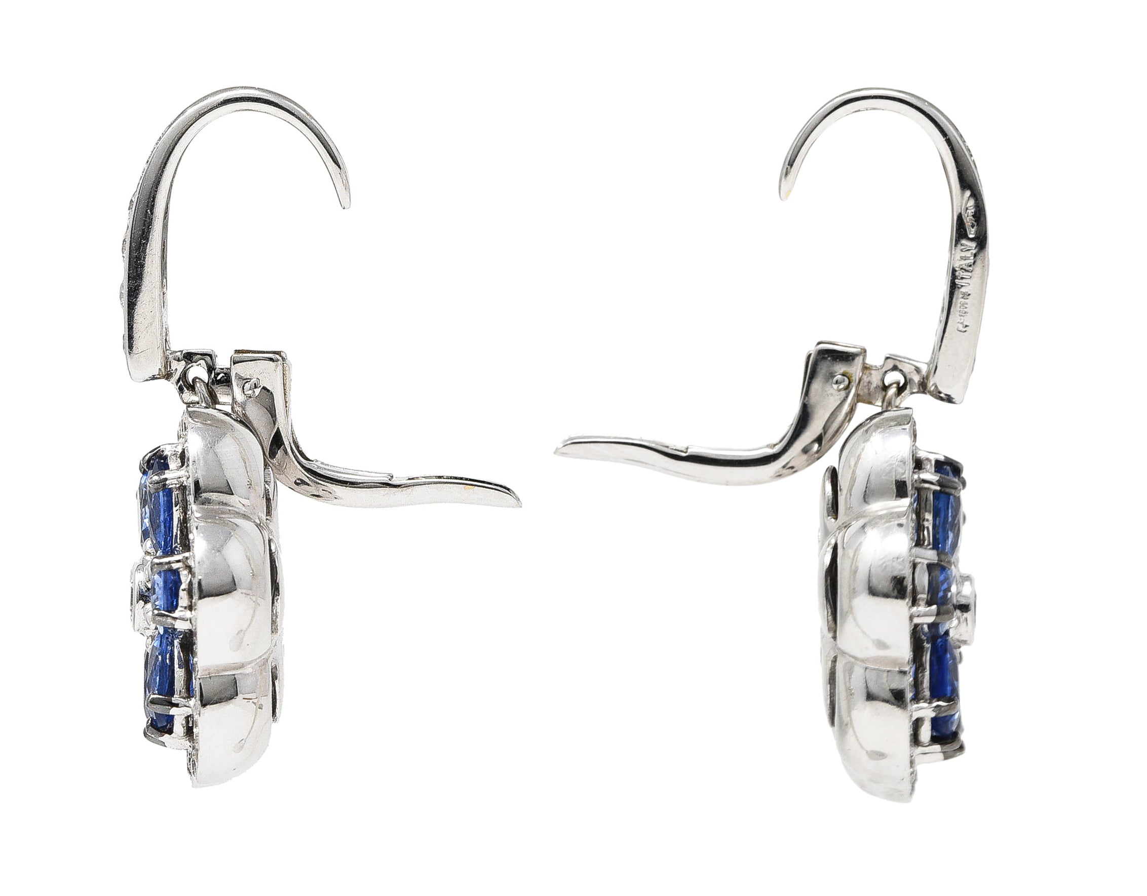 Contemporary 5.74 CTW Sapphire Diamond 18 Karat White Gold Floral Drop Earrings Wilson's Estate Jewelry