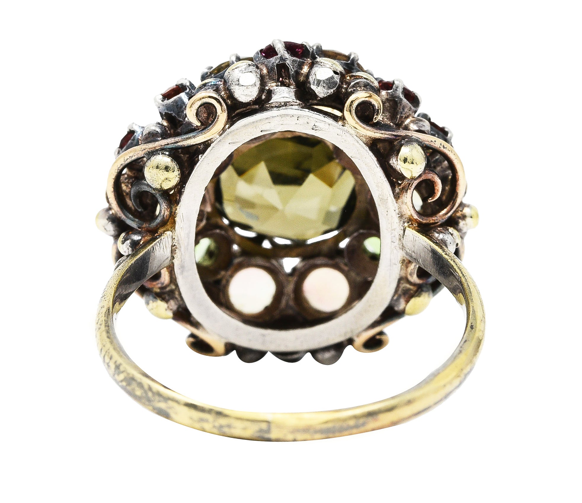 Arts & Crafts Antique Zircon Beryl Garnet Multi-Gem 18 Karat Yellow Gold Silver Cluster Ring Wilson's Estate Jewelry