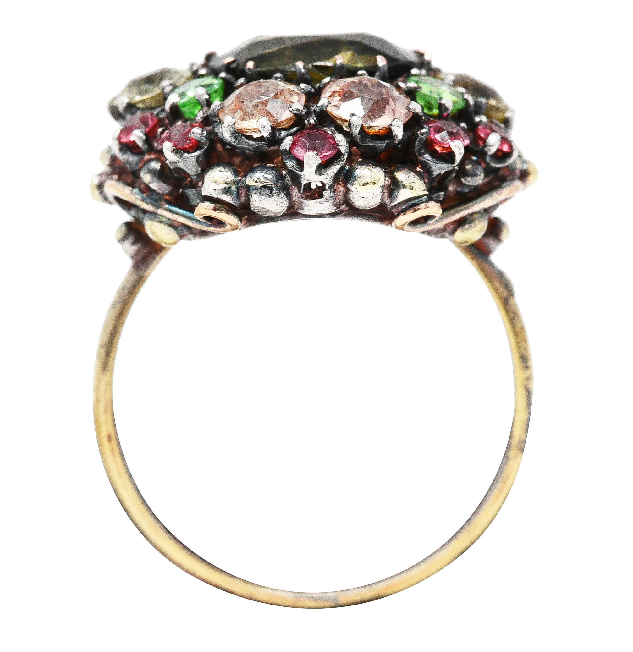 Arts & Crafts Antique Zircon Beryl Garnet Multi-Gem 18 Karat Yellow Gold Silver Cluster Ring Wilson's Estate Jewelry