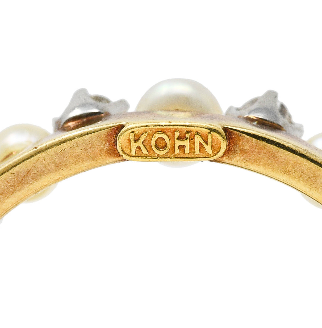 Kohn & Co. Edwardian 0.62 CTW Old European Cut Diamond Pearl Platinum 14 Karat Yellow Gold Antique Horseshoe Brooch Wilson's Estate Jewelry