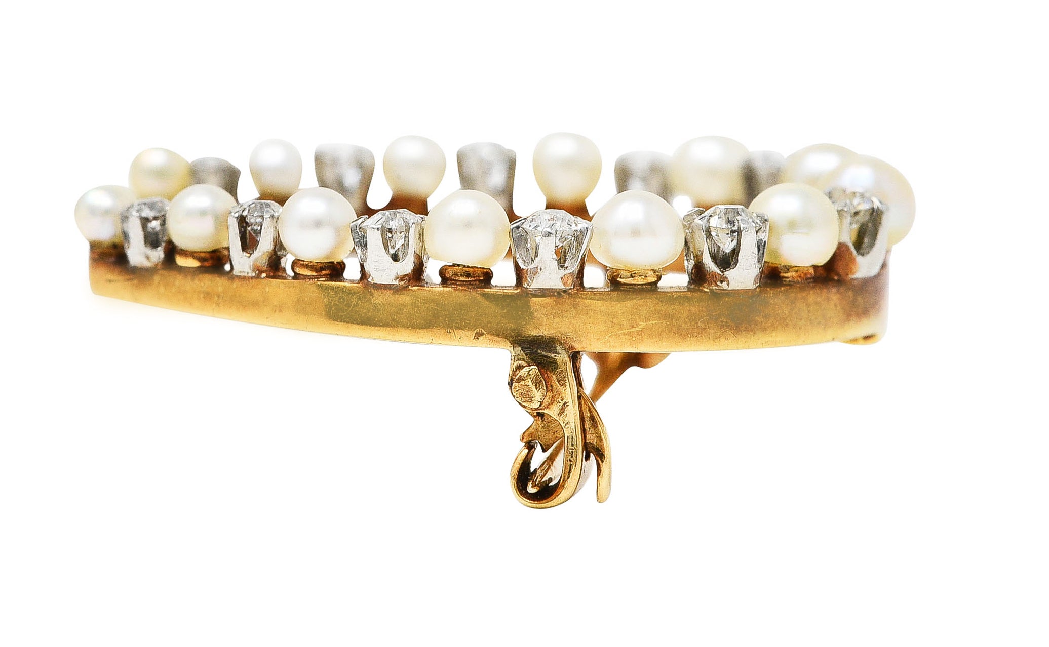 Kohn & Co. Edwardian 0.62 CTW Old European Cut Diamond Pearl Platinum 14 Karat Yellow Gold Antique Horseshoe Brooch Wilson's Estate Jewelry