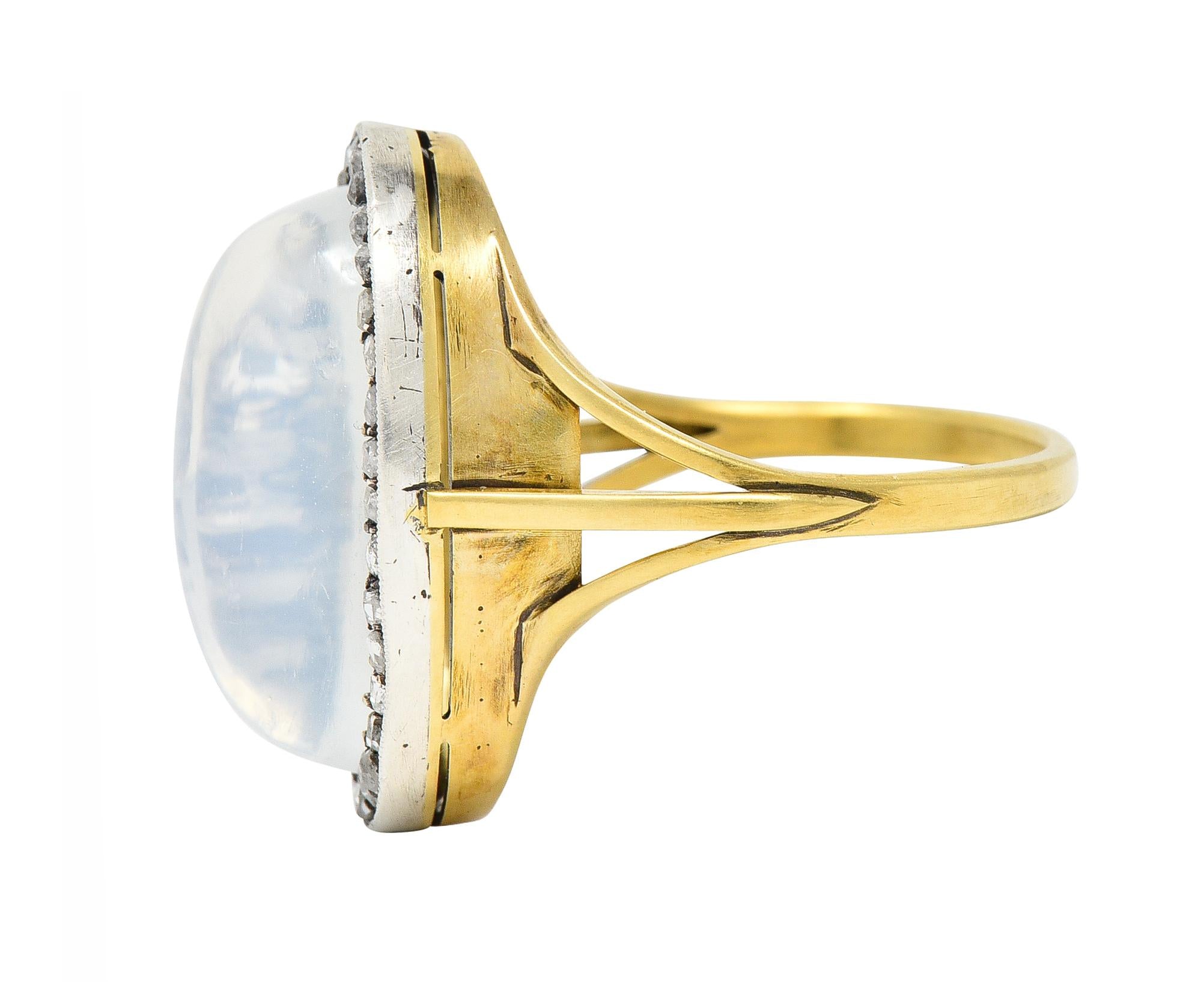 Moonstone Diamond Silver-Topped 18 Karat Yellow Gold Antique Ring