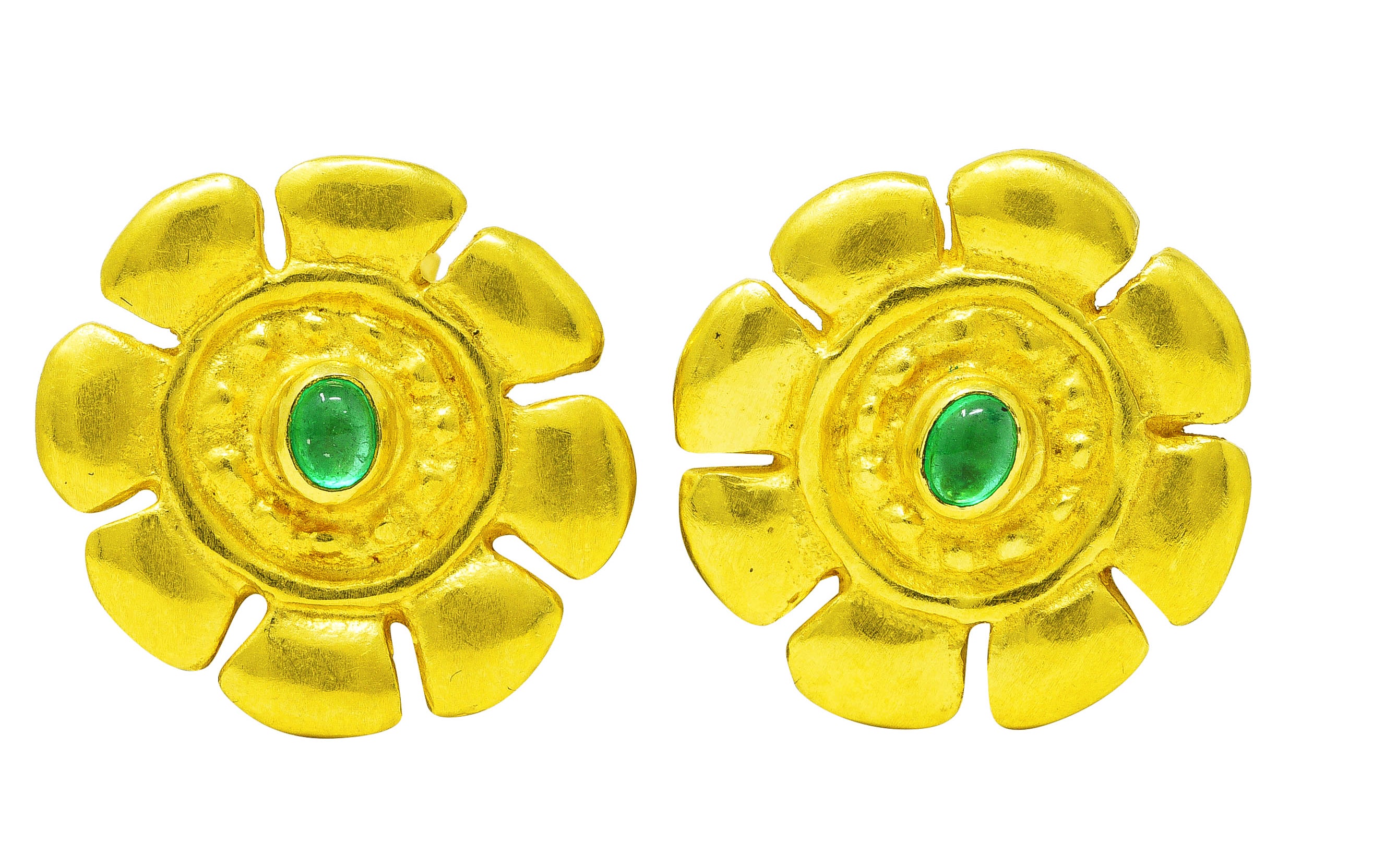 Modernist Emerald 18 Karat Yellow Gold Floral Vintage Earrings Wilson's Estate Jewelry