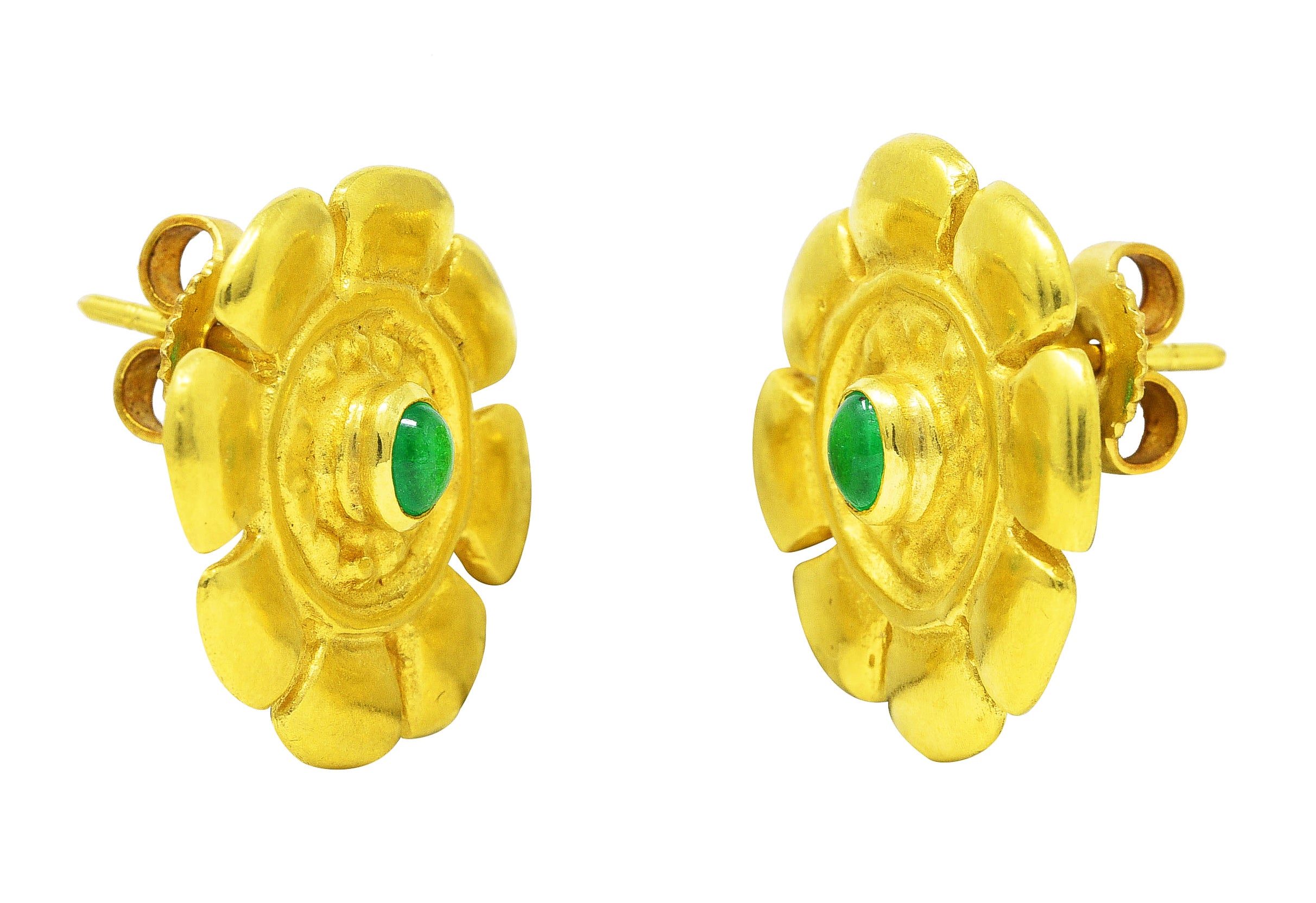 Modernist Emerald 18 Karat Yellow Gold Floral Vintage Earrings Wilson's Estate Jewelry