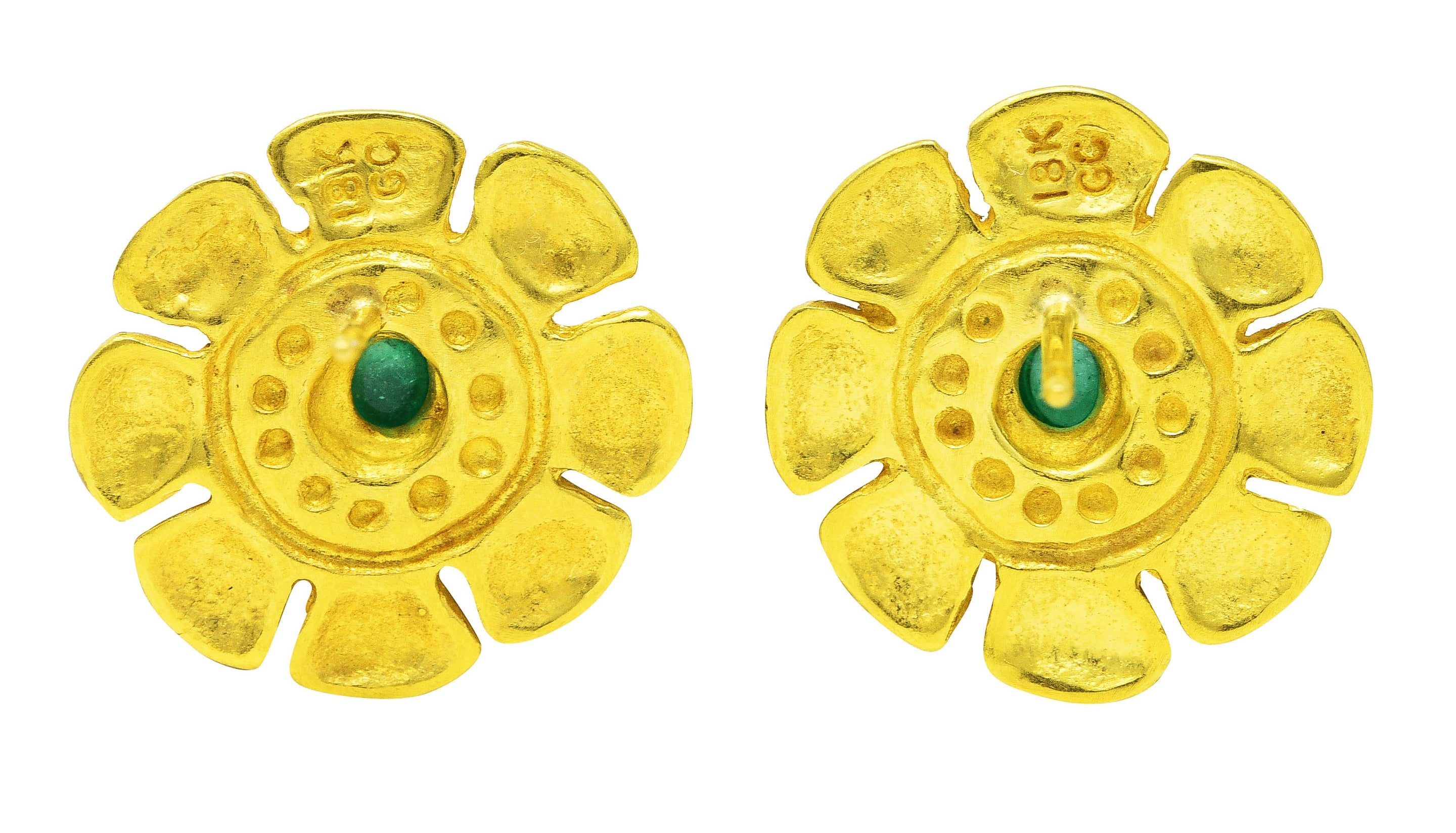 Modernist Emerald 18 Karat Yellow Gold Floral Vintage Earrings Wilson's Estate Jewelry