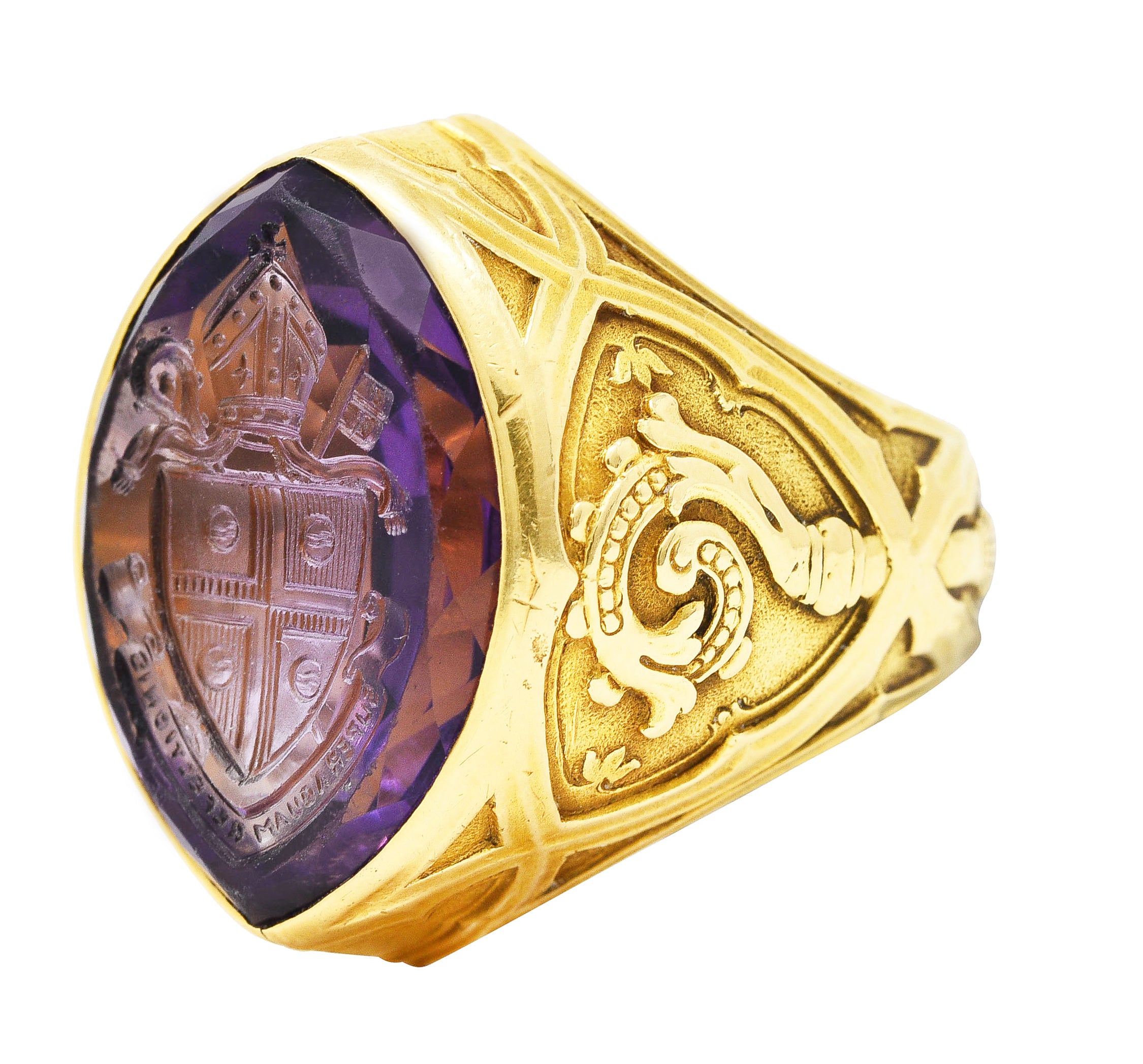 1915 Amethyst 18 Karat Yellow Gold Intaglio Ecclesiastical Bishop's Antique Navette Unisex Ring Wilson's Estate Jewelry