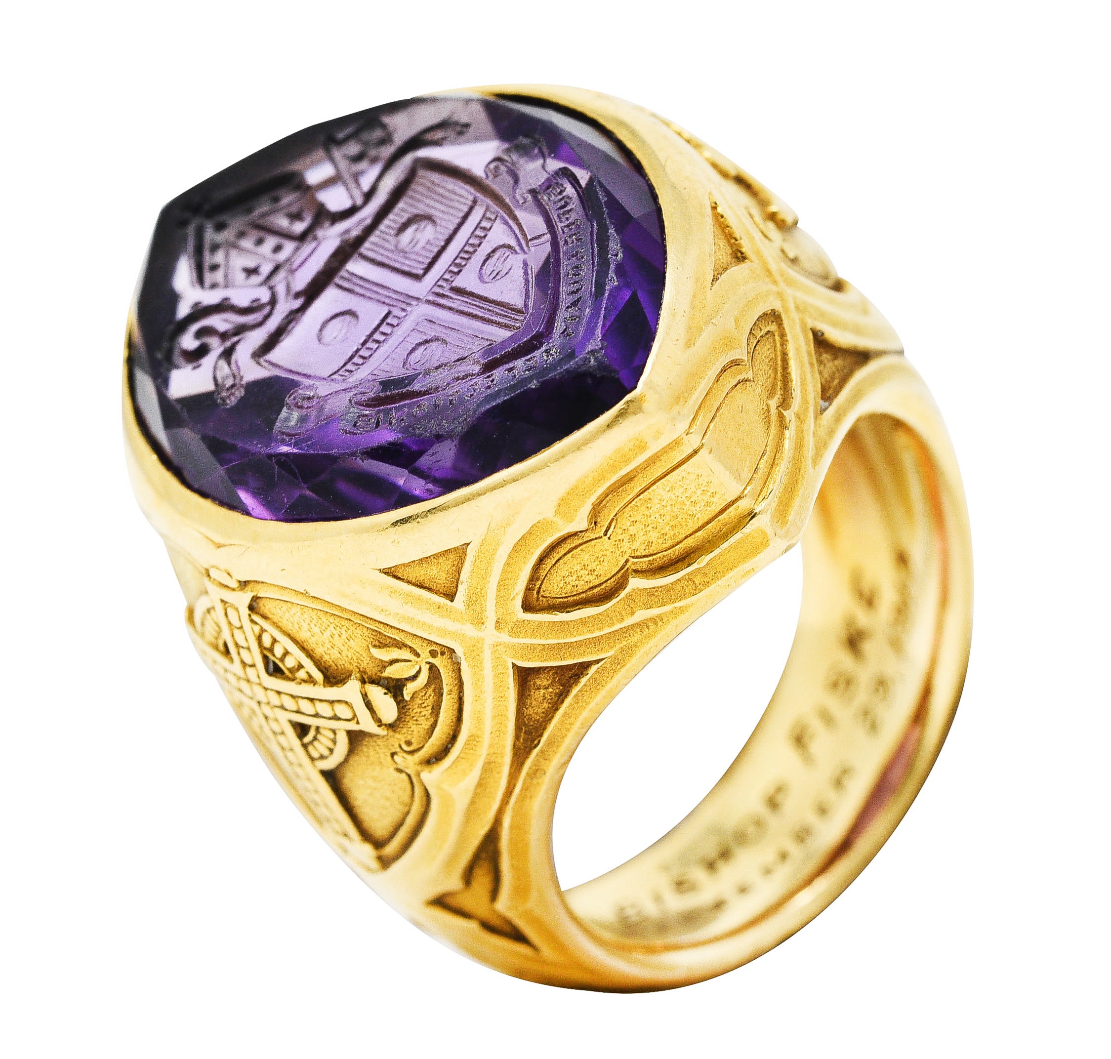 1915 Amethyst 18 Karat Yellow Gold Intaglio Ecclesiastical Bishop's Antique Navette Unisex Ring Wilson's Estate Jewelry