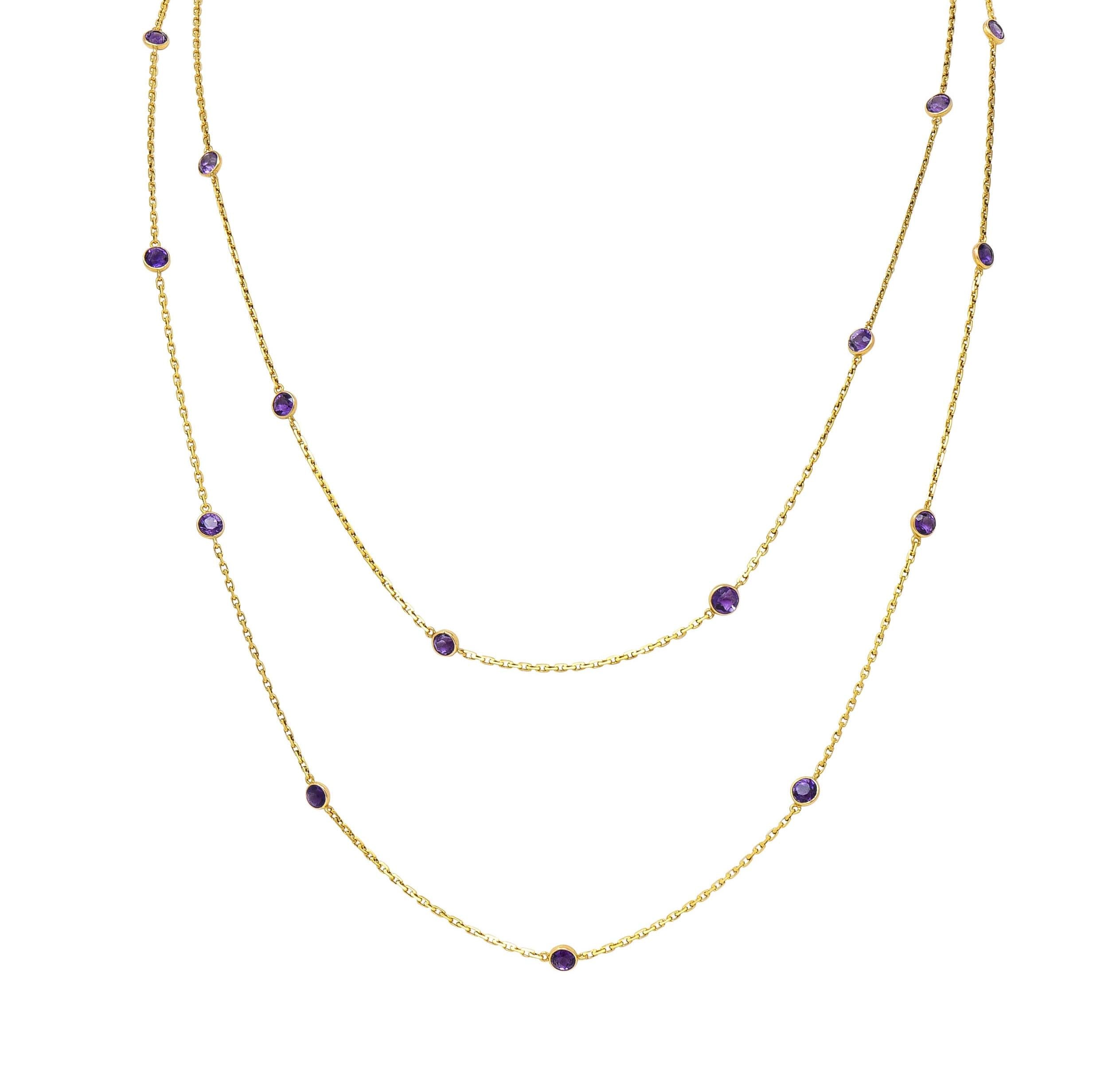 Victorian Amethyst 18K Yellow Gold 59 IN Long Antique Station Chain Necklace