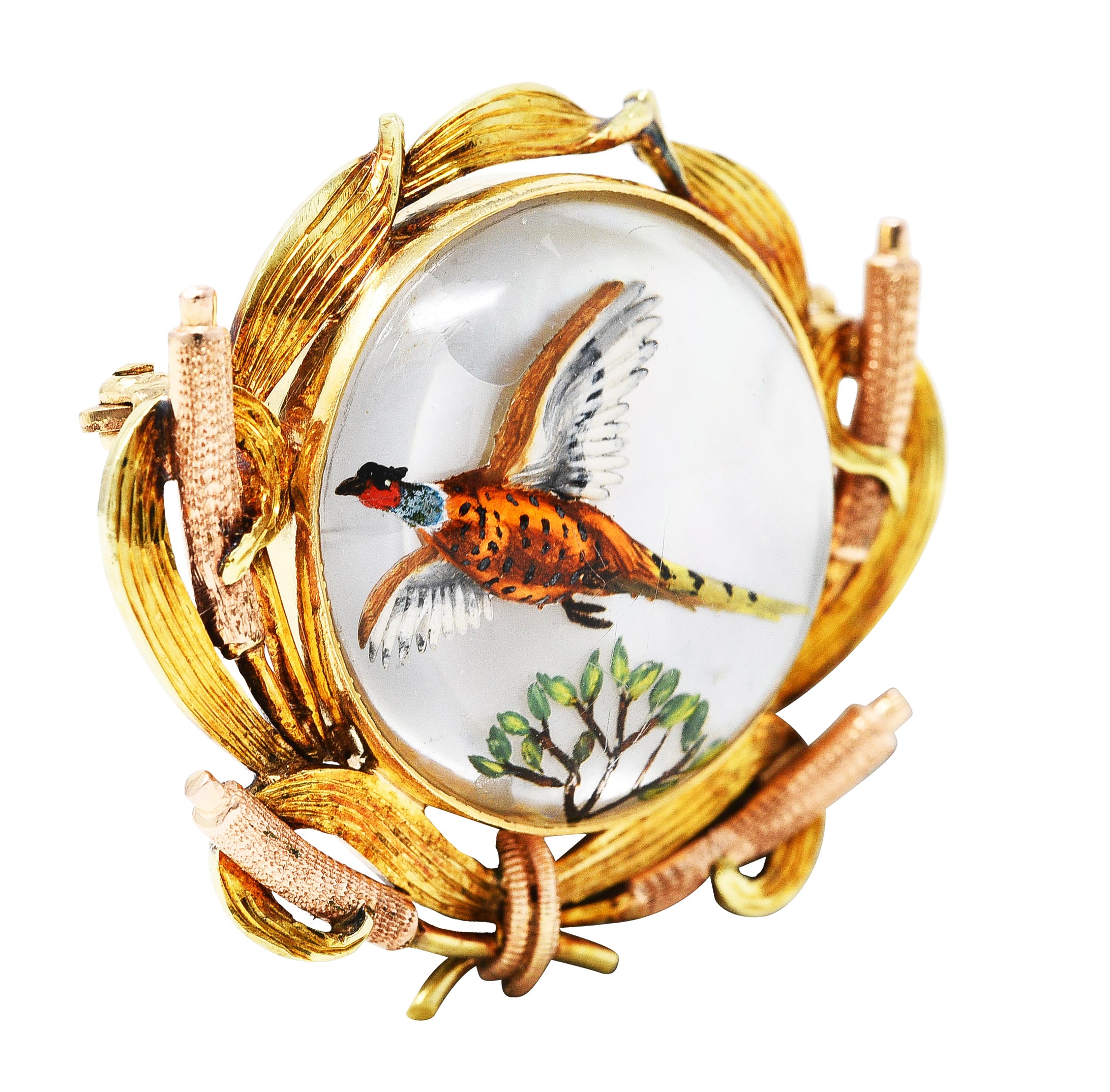 Victorian Painted Essex Crystal Mother-Of-Pearl 14 Karat Two-Tone Gold Pheasant Cattail Antique Brooch Wilson's Estate Jewelry