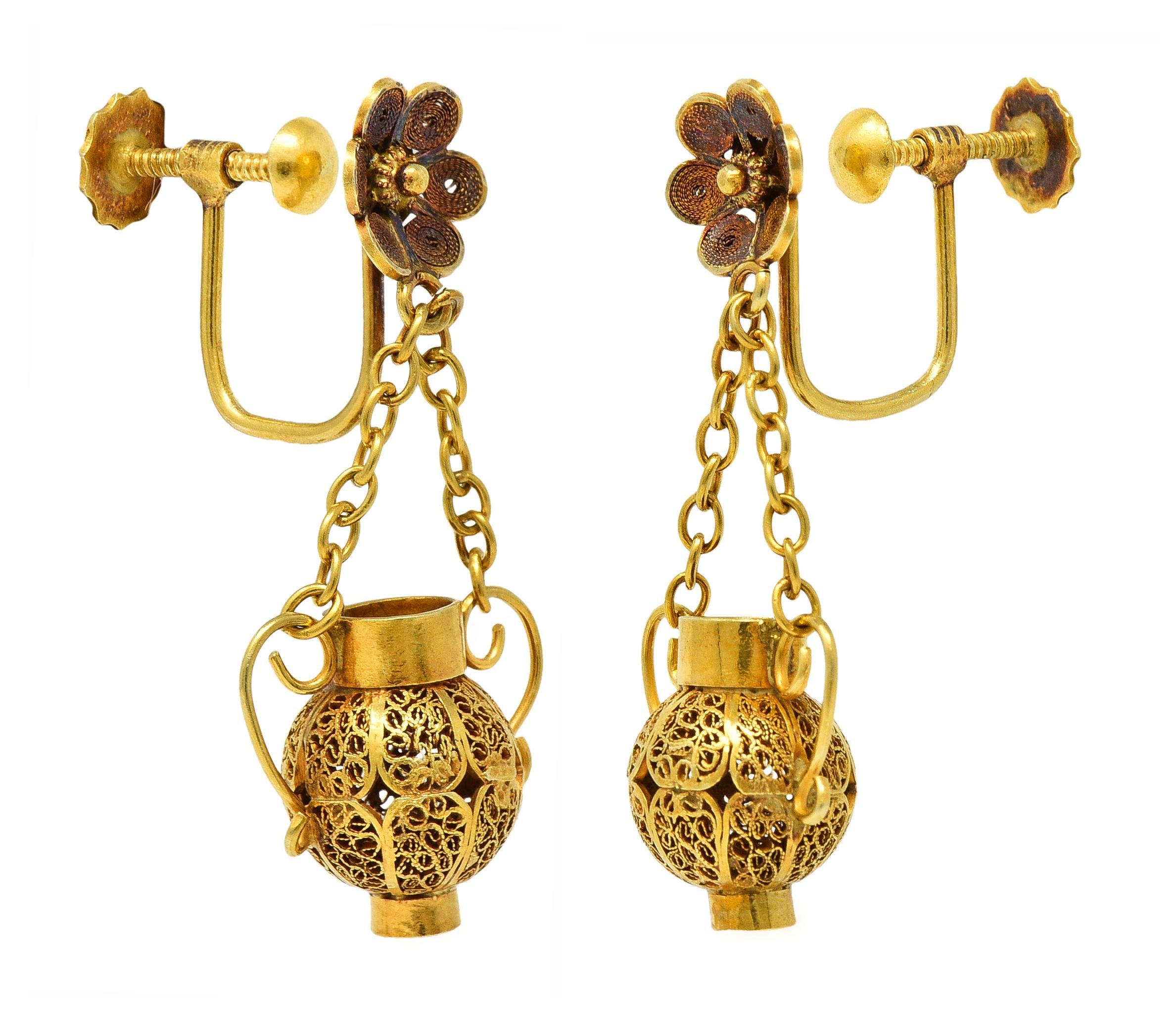 Victorian Etruscan Revival 14 Karat Gold Floral Antique Drop Screw-Back Earrings