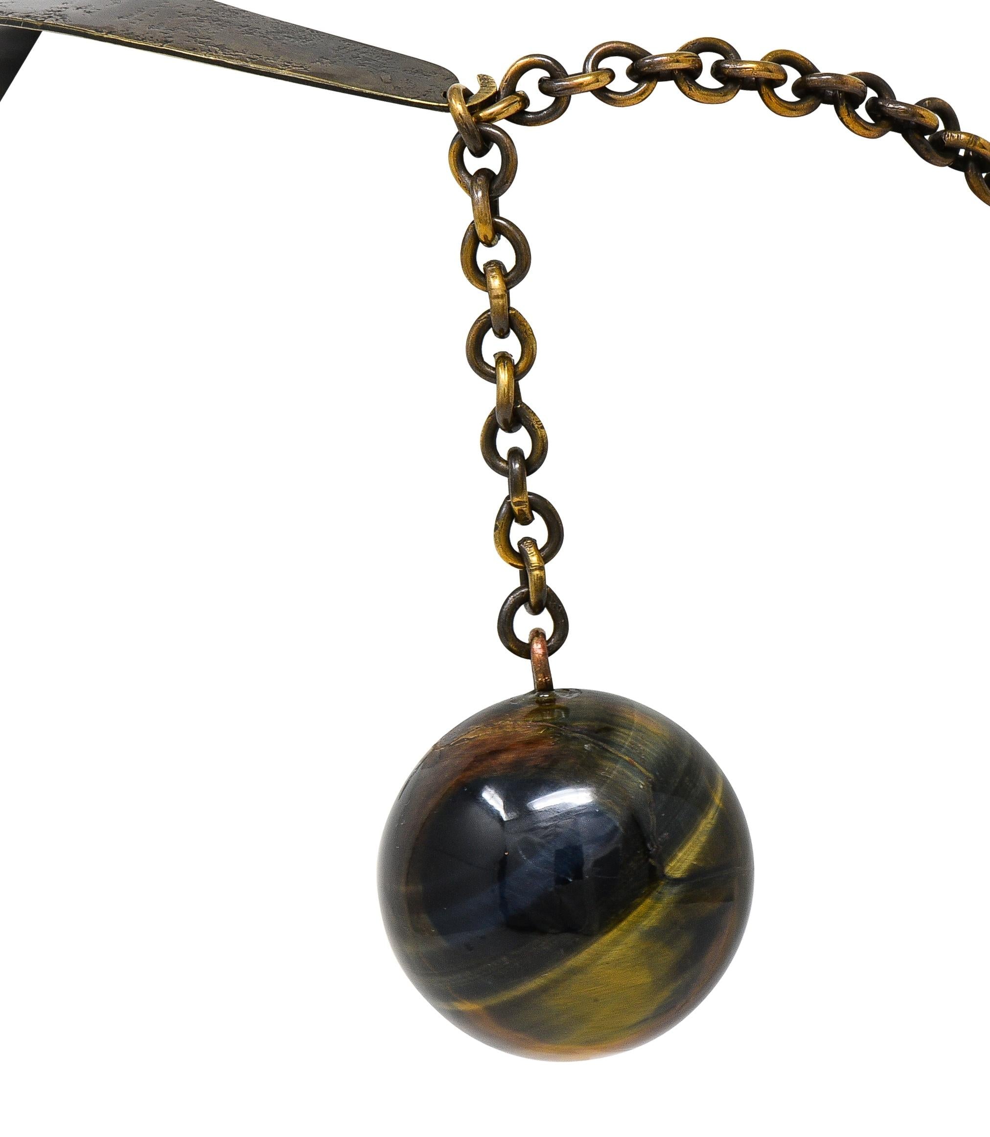 Art Smith 1950's Modernist Tiger's Eye Brass Sphere Vintage Collar Necklace