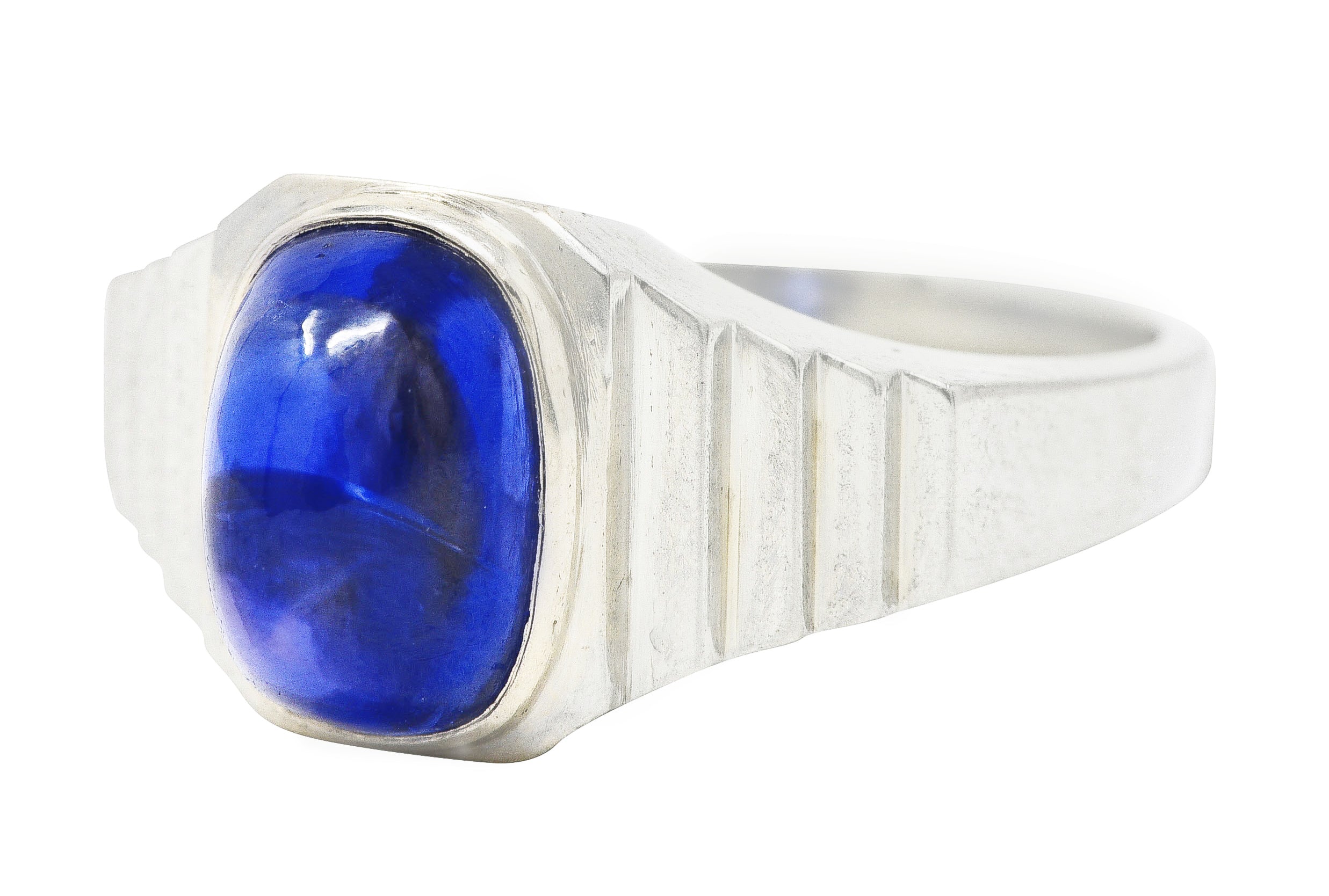 Art Deco 5.15 CTW Sapphire Cabochon 18 Karat White Gold Ring Wilson's Estate Jewelry