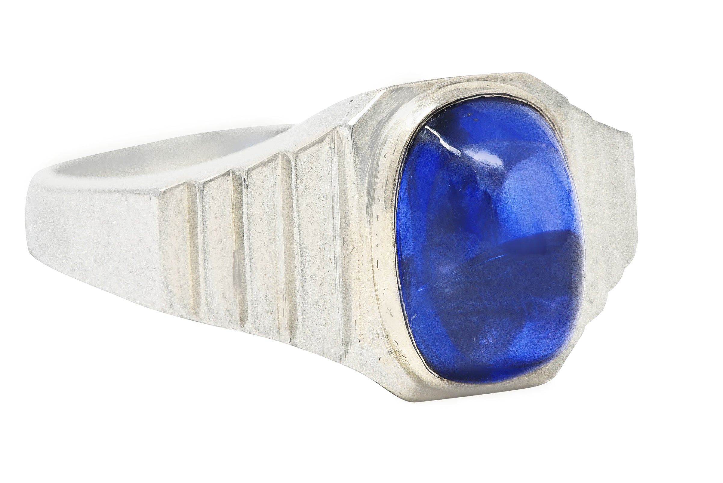 Art Deco 5.15 CTW Sapphire Cabochon 18 Karat White Gold Ring Wilson's Estate Jewelry