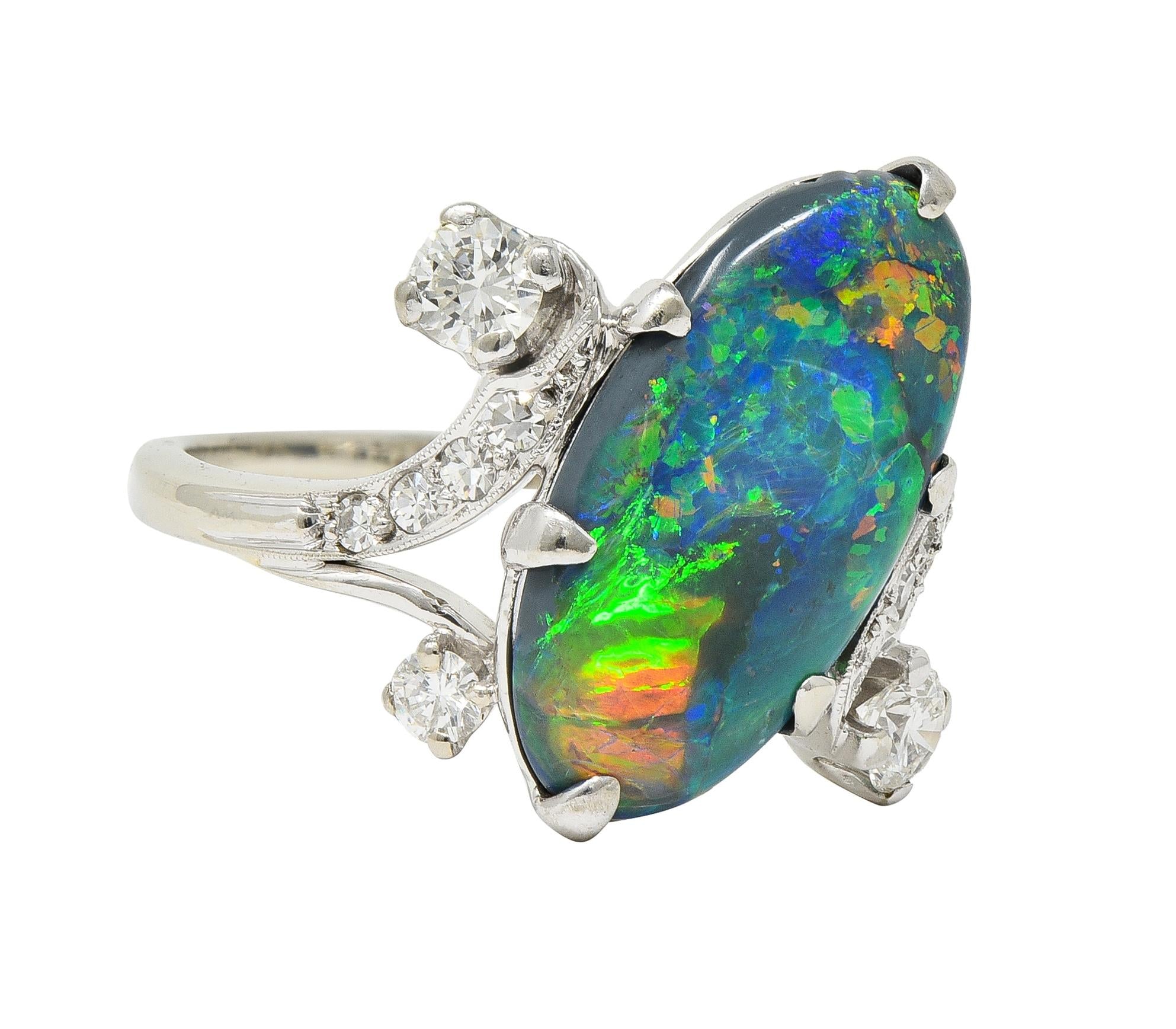 1950's Black Opal Diamond 14 Karat White Gold Scrolling Navette Bypass Ring