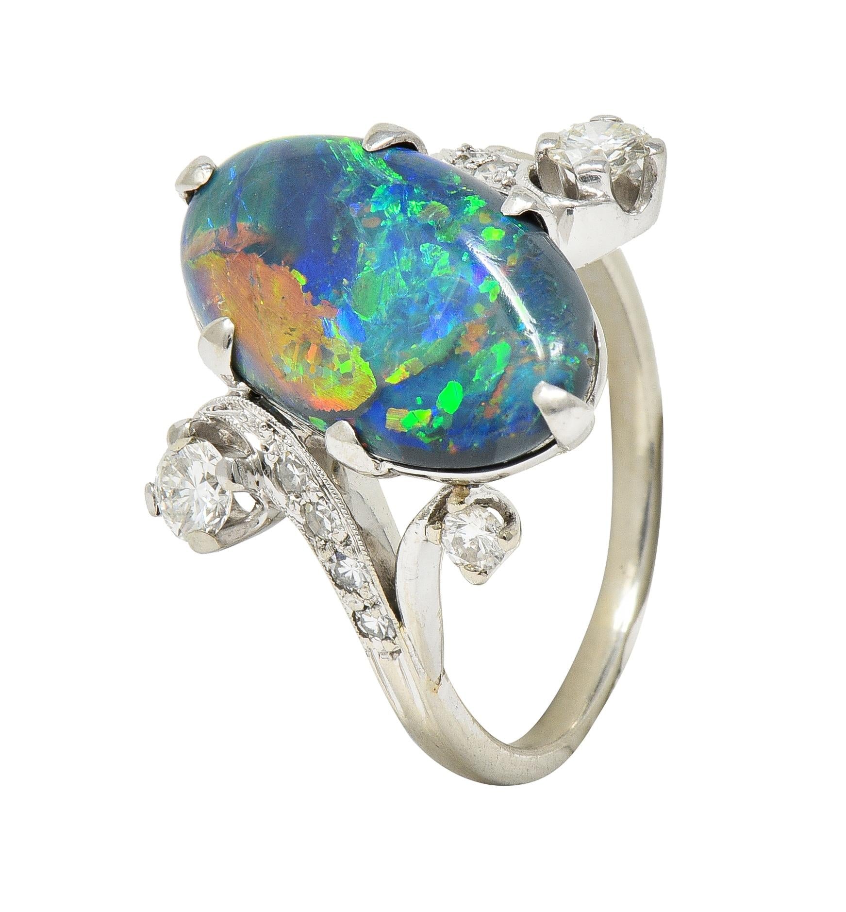 1950's Black Opal Diamond 14 Karat White Gold Scrolling Navette Bypass Ring