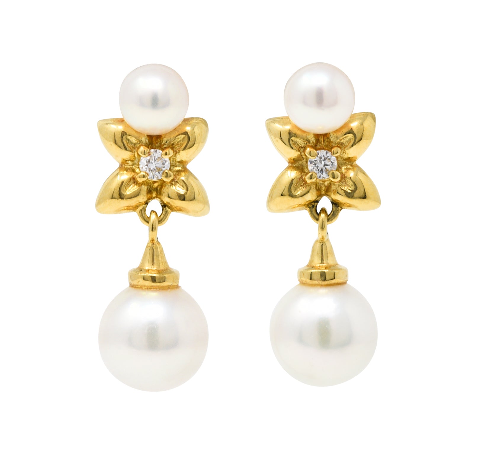 Mikimoto Pearl Diamond 18 Karat Gold Floral Drop EarringsEarrings - Wilson's Estate Jewelry