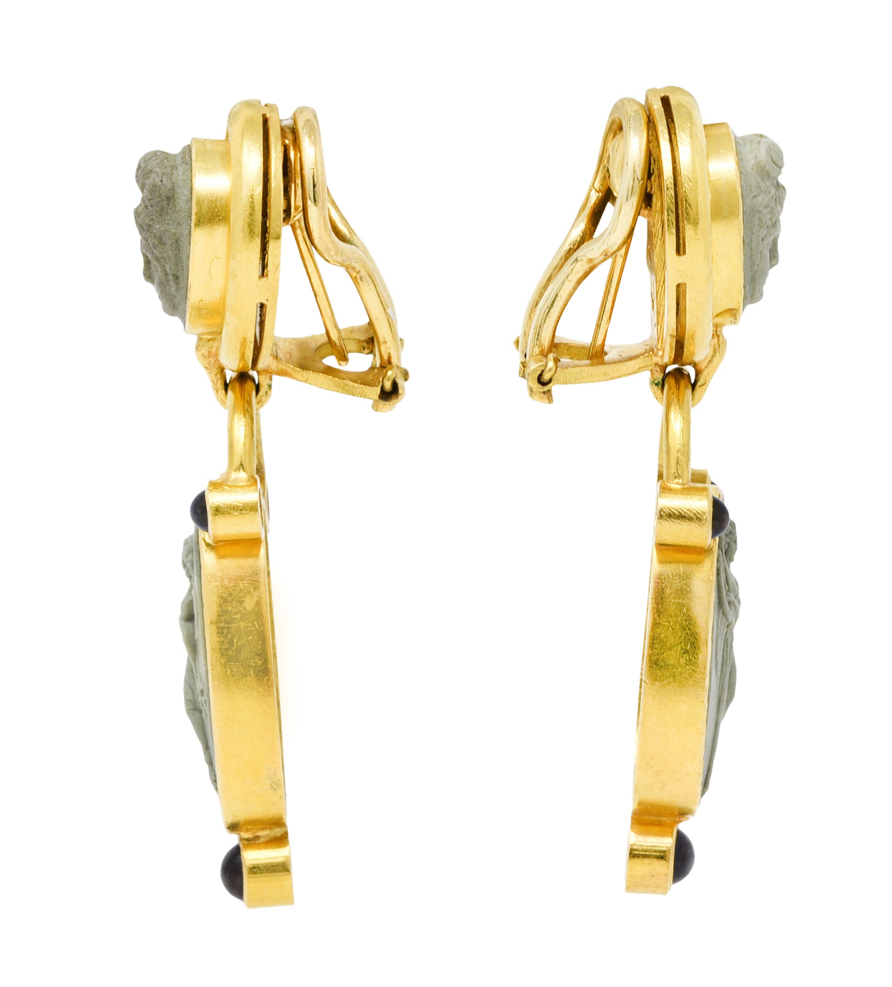 Elizabeth Locke Carved Hardstone Iolite 18 Karat Gold Cameo Drop EarringsEarrings - Wilson's Estate Jewelry