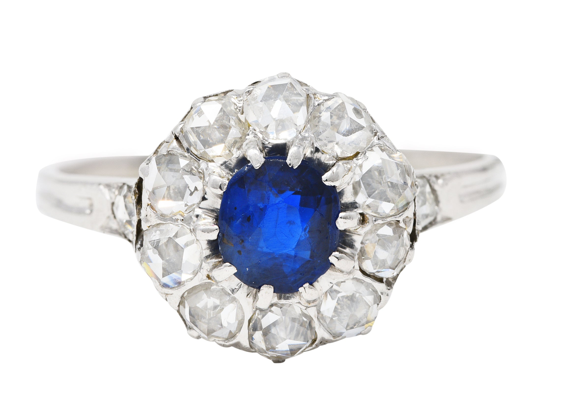 1910 Edwardian 1.15 CTW Sapphire Rose Cut Diamond Platinum 18 Karat Gold Antique Cluster Ring Wilson's Estate Jewelry