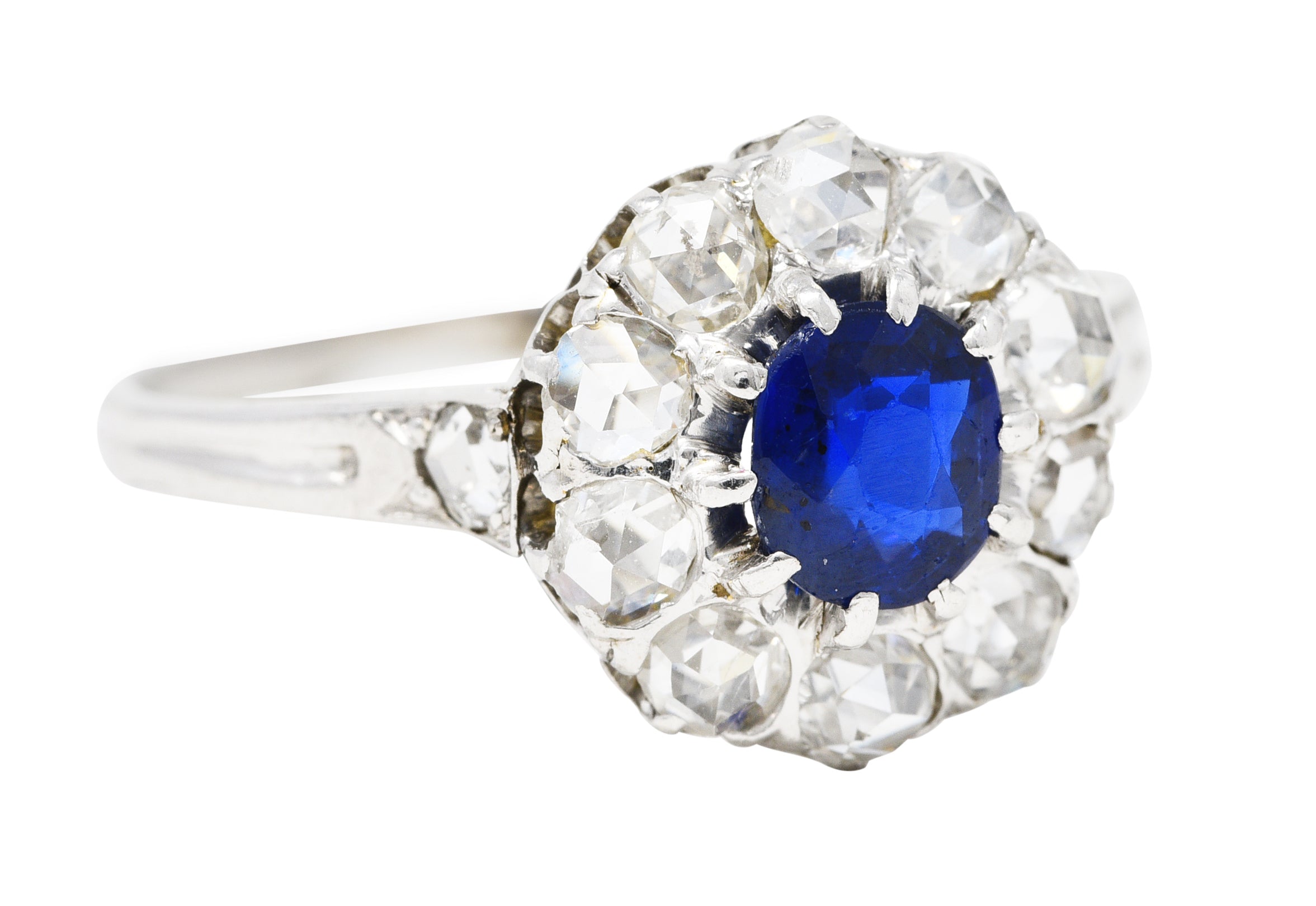 1910 Edwardian 1.15 CTW Sapphire Rose Cut Diamond Platinum 18 Karat Gold Antique Cluster Ring Wilson's Estate Jewelry