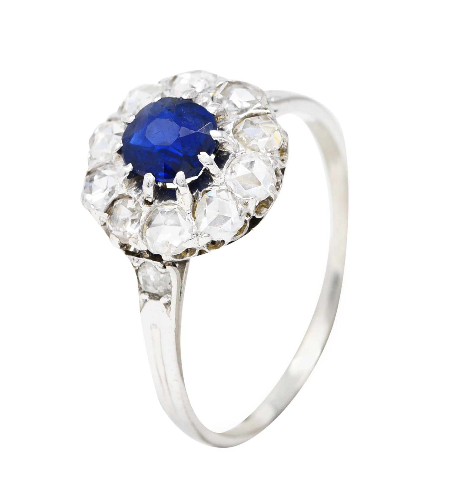 1910 Edwardian 1.15 CTW Sapphire Rose Cut Diamond Platinum 18 Karat Gold Antique Cluster Ring Wilson's Estate Jewelry