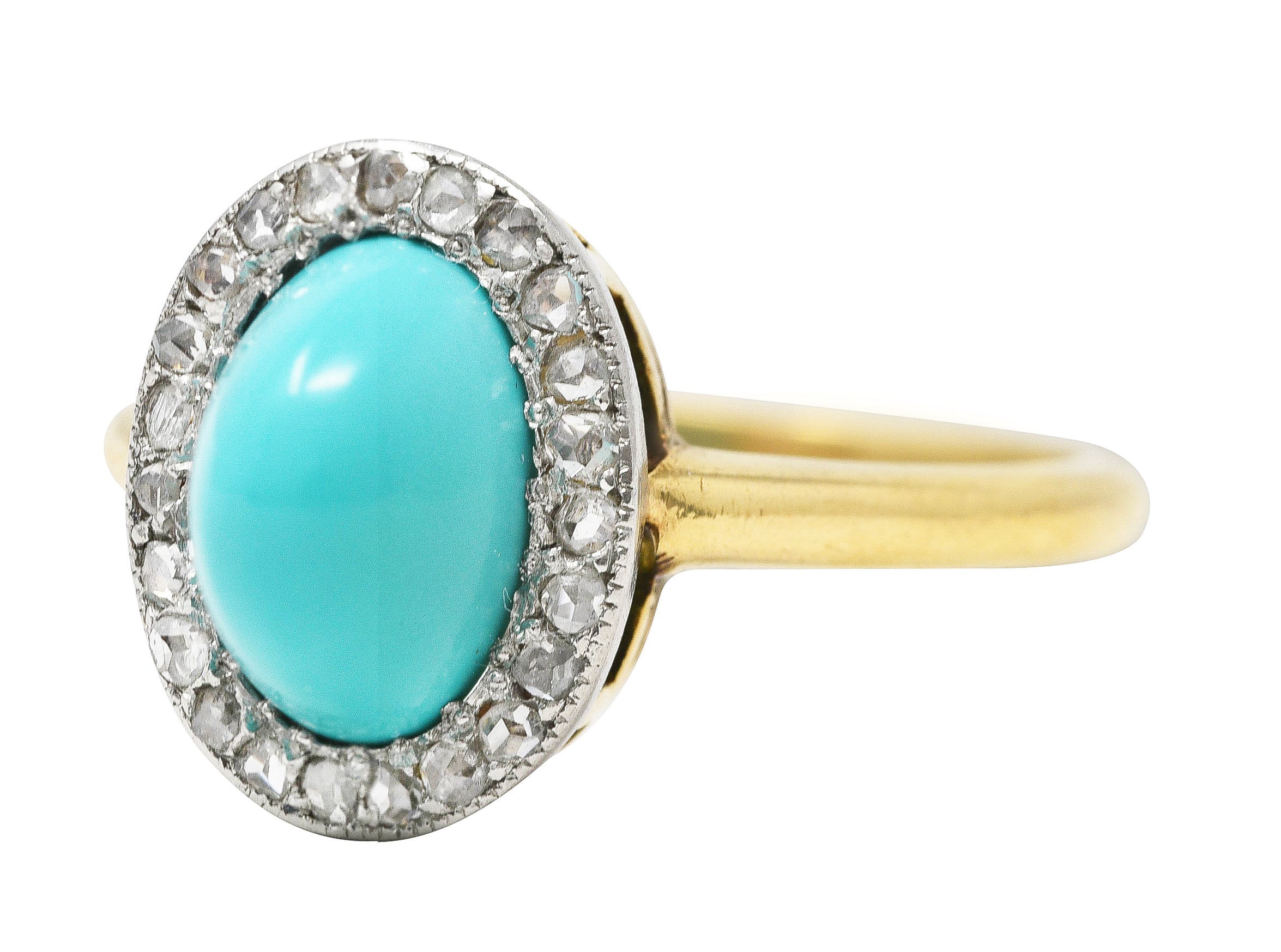 Edwardian Turquoise Cabochon Diamond Platinum-Topped 18 Karat Yellow Gold Antique Halo Ring Wilson's Estate Jewelry