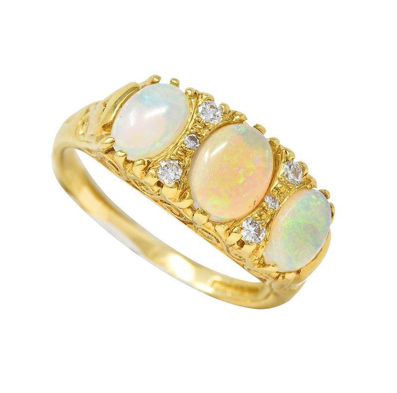 Vintage 1998 Opal Diamond 18 Karat Gold Scrolling Three Stone Ring