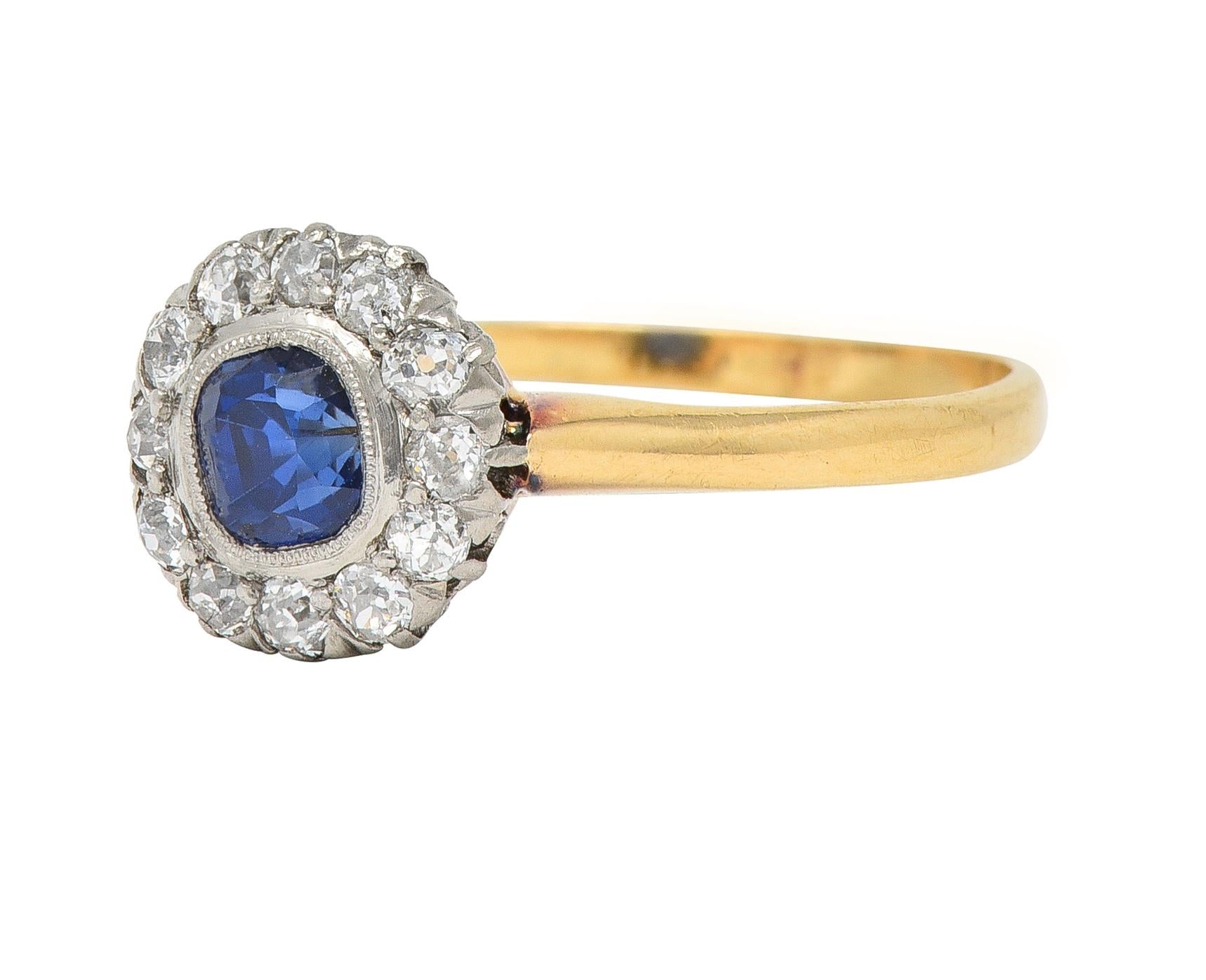 Edwardian 0.83 Sapphire Diamond 18 Karat Yellow Gold Platinum Antique Halo Ring