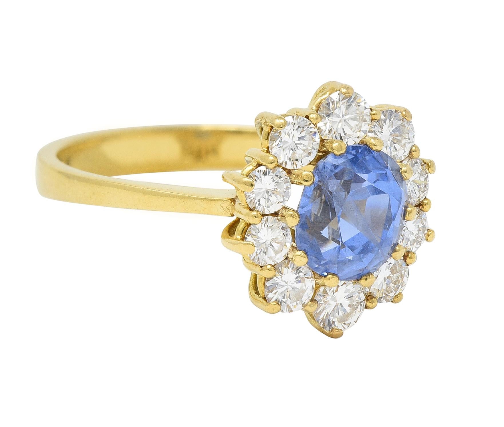 Mid-Century 2.98 CTW No Heat Ceylon Sapphire Diamond 18 Karat Gold Halo Ring GIA