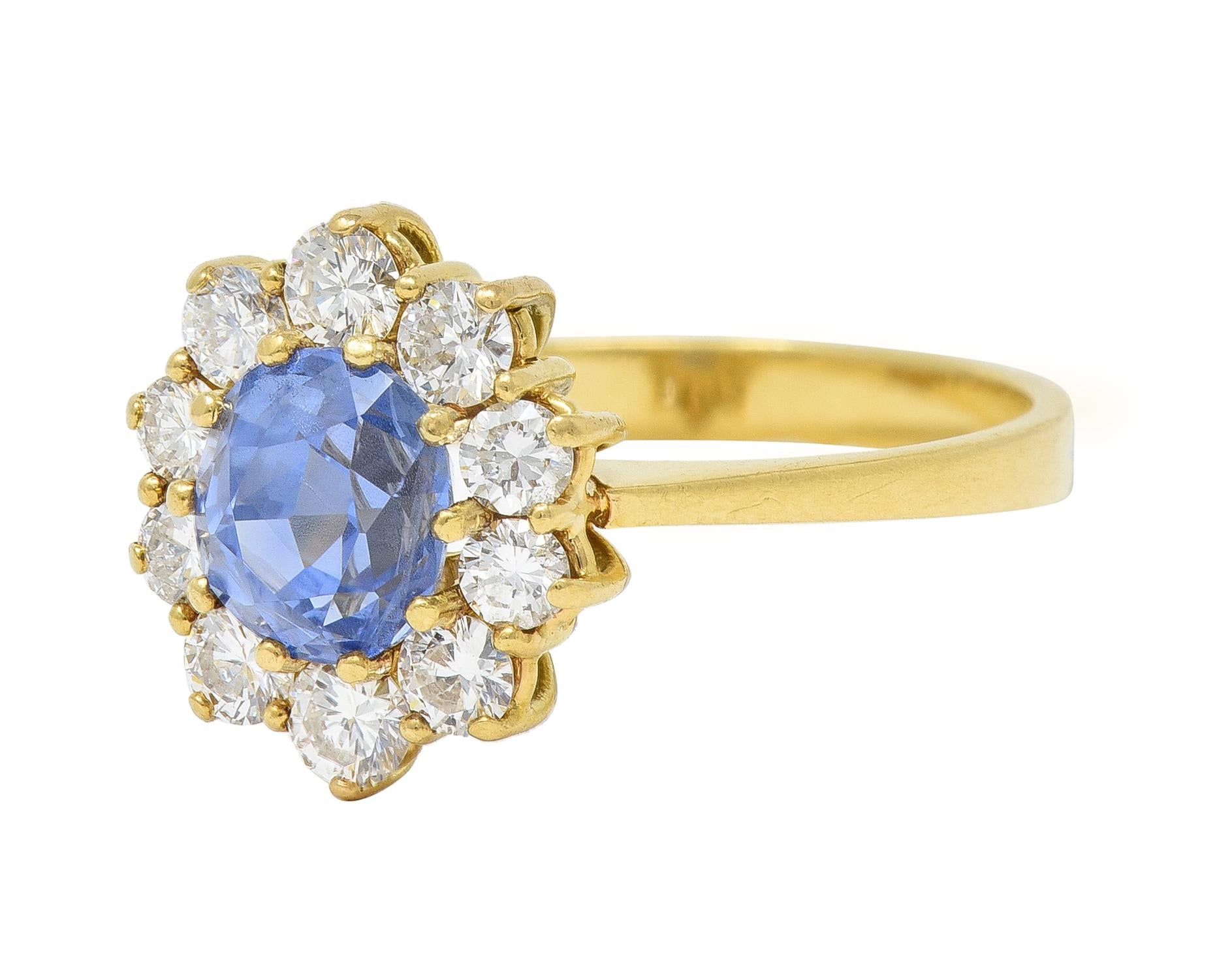 Mid-Century 2.98 CTW No Heat Ceylon Sapphire Diamond 18 Karat Gold Halo Ring GIA