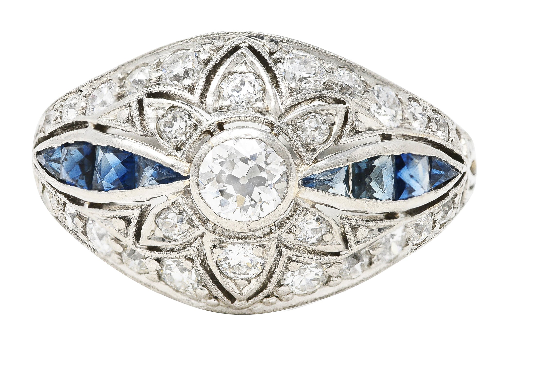 Art Deco 1.08 CTW Old European Cut Diamond Sapphire Floral Bombay Vintage Band Ring Wilson's Estate Jewelry