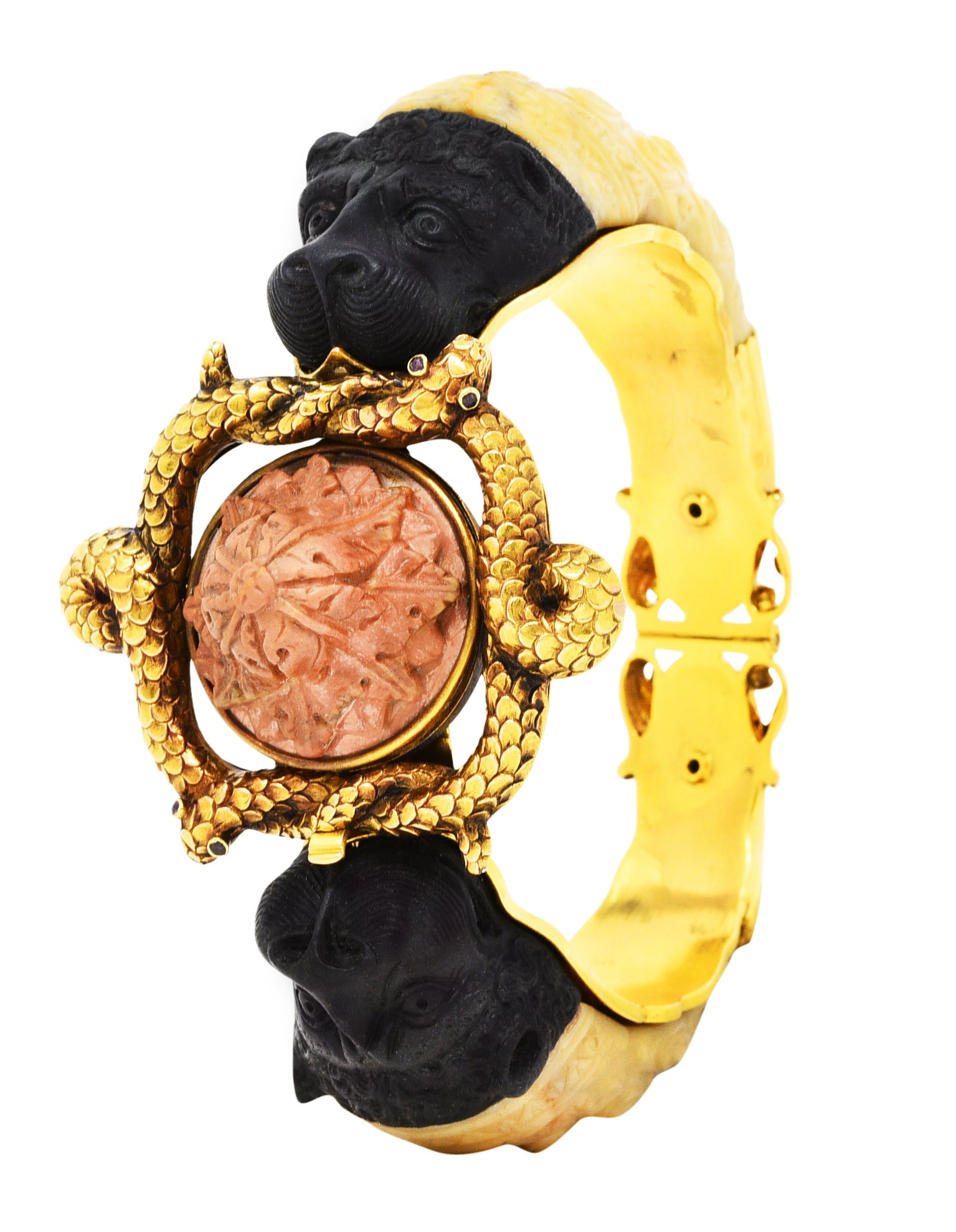 1860's Victorian Carved Hardstone Lava 18 Karat Yellow Gold Lion Snake BraceletBracelet - Wilson's Estate Jewelry