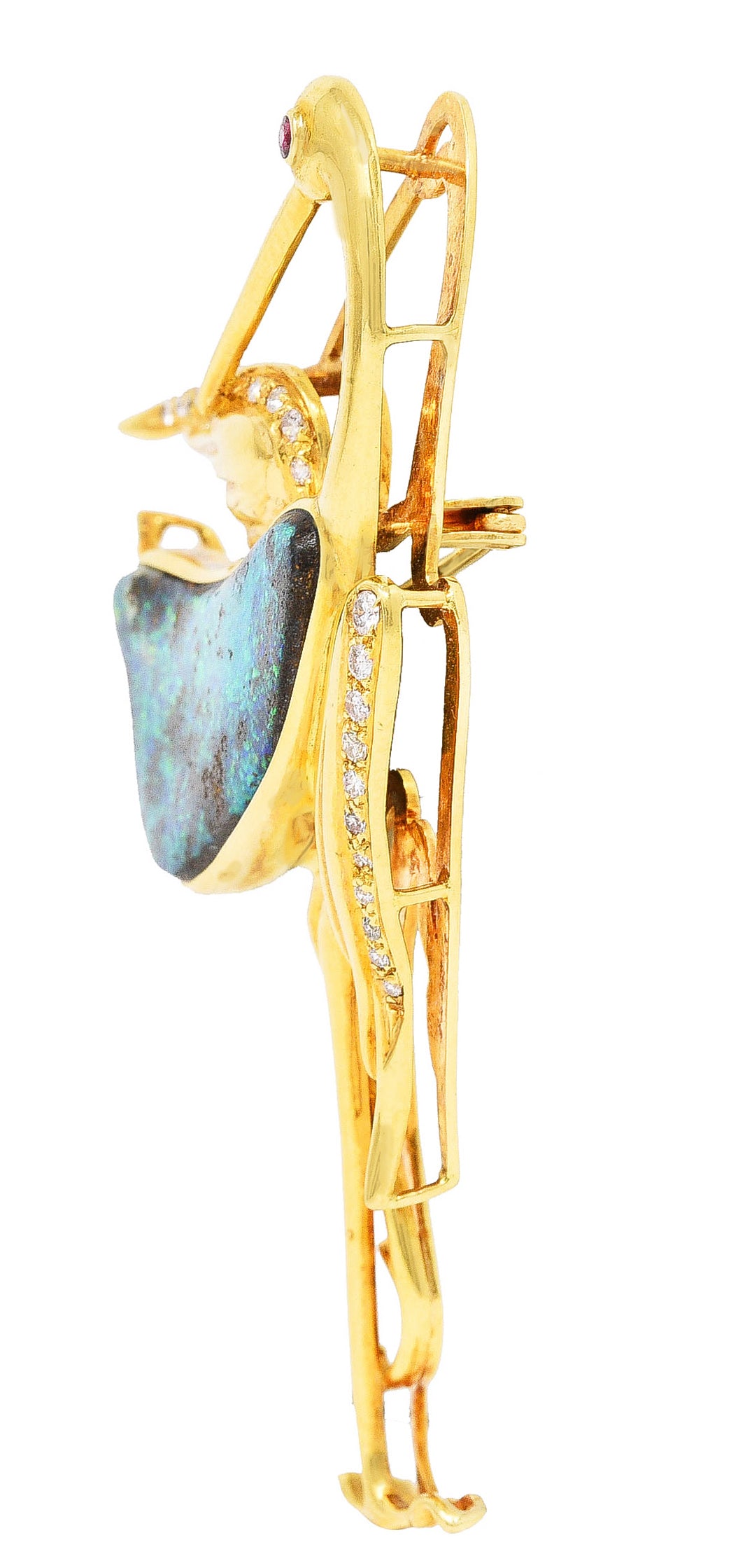 1980's Vintage Boulder Opal Ruby Diamond 18 Karat Yellow Gold Heron Bird Brooch Wilson's Estate Jewelry