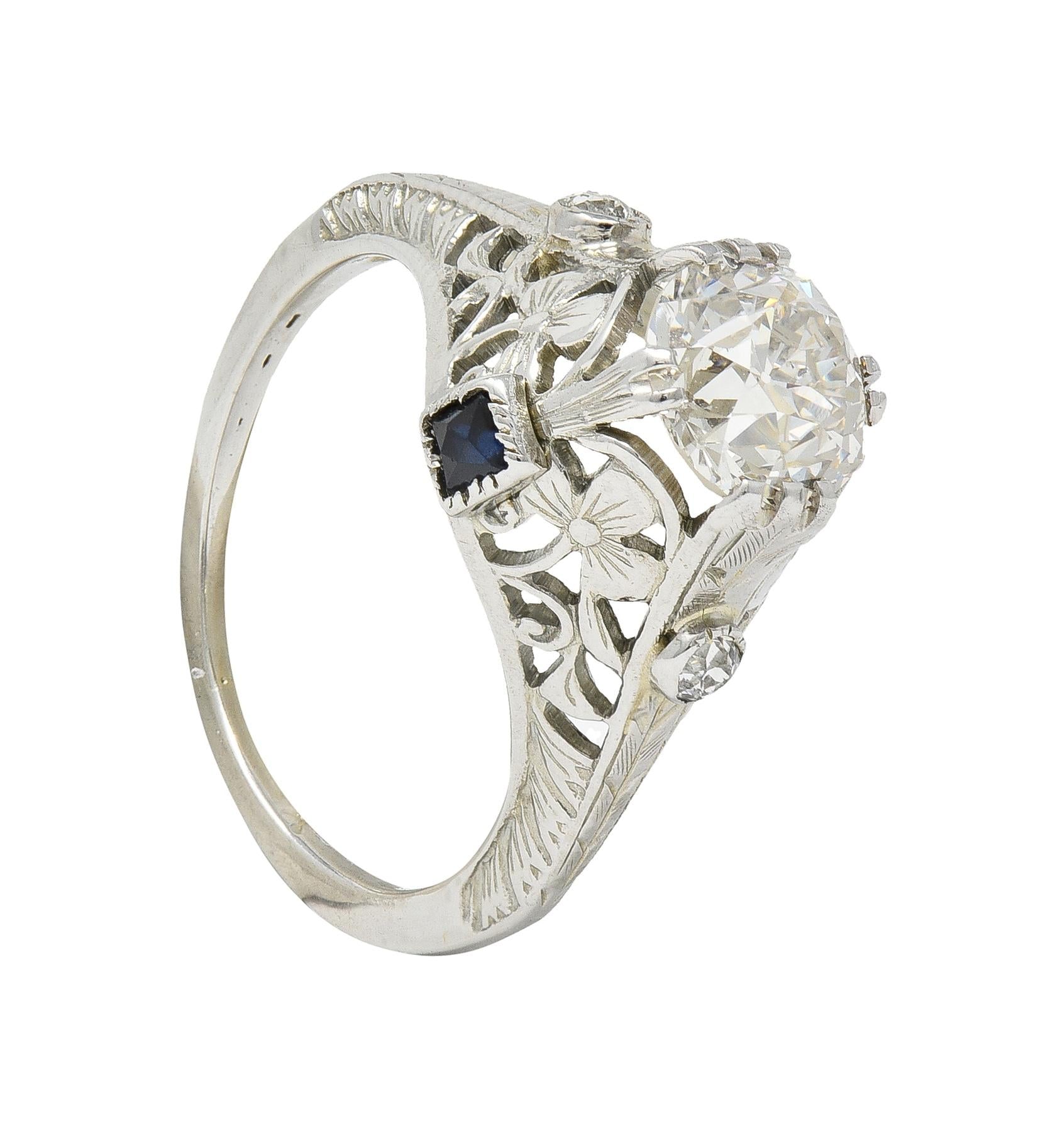 Art Deco 1.27 CTW European Diamond Sapphire 18 Karat White Gold Engagement Ring