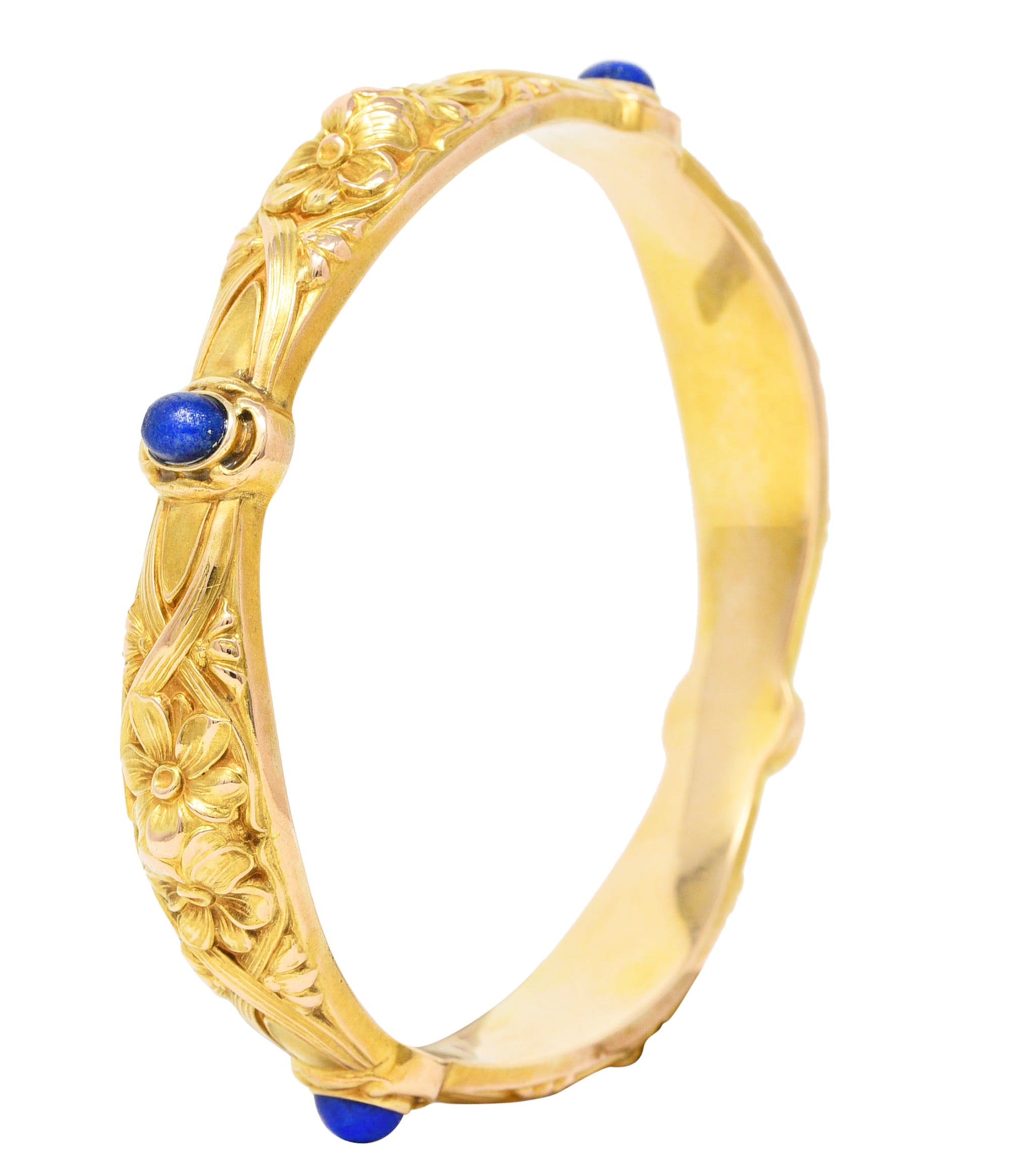 Art Nouveau Lapis Lazuli 14 Karat Yellow Gold Daisy Floral Antique Bangle Bracelet Wilson's Estate Jewelry