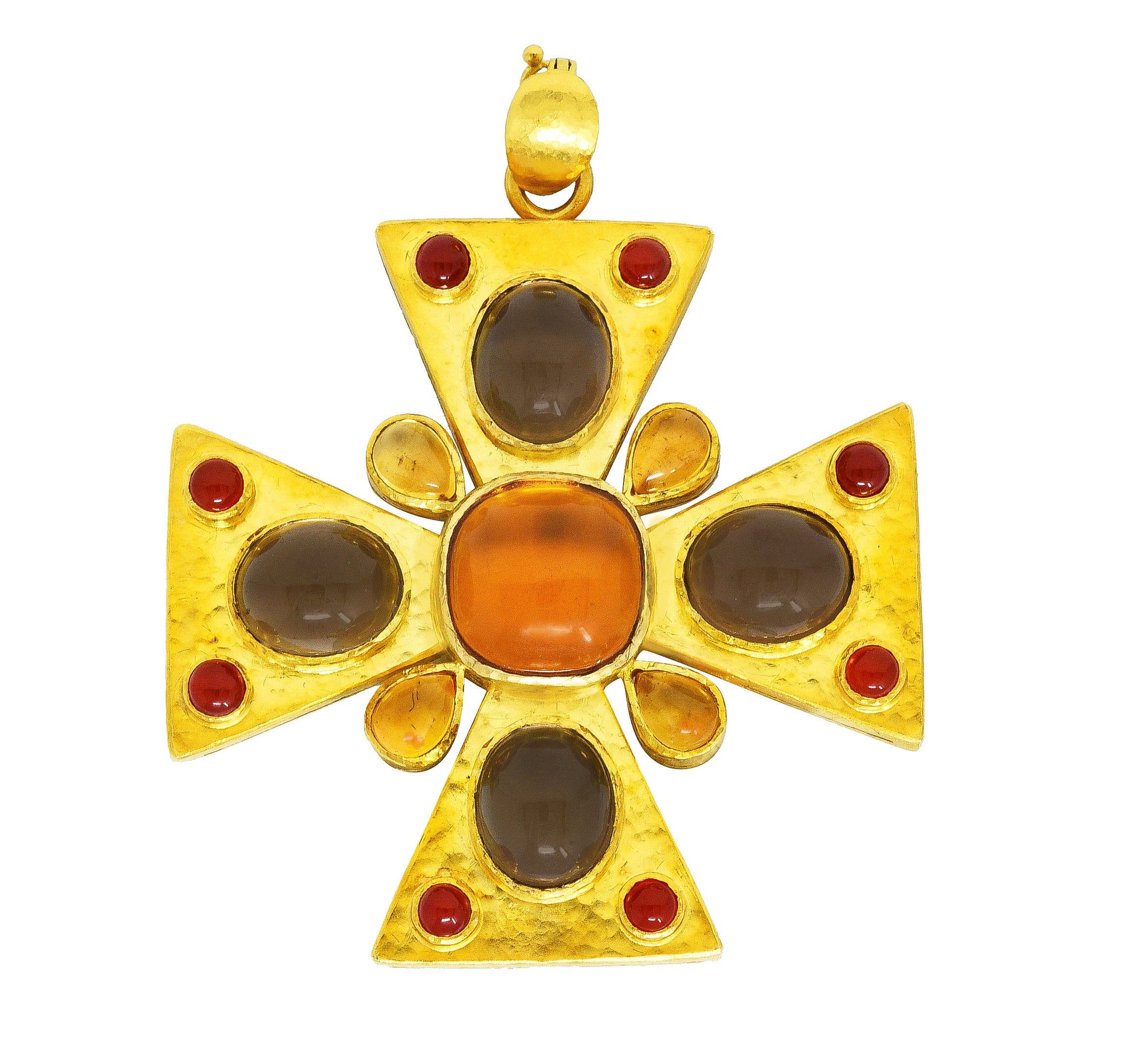 Elizabeth Locke Citrine Smokey Quartz Carnelian Mother-of-Pearl 19 Karat Yellow Gold Maltese Cross Enhancer Pendant Wilson's Estate Jewelry