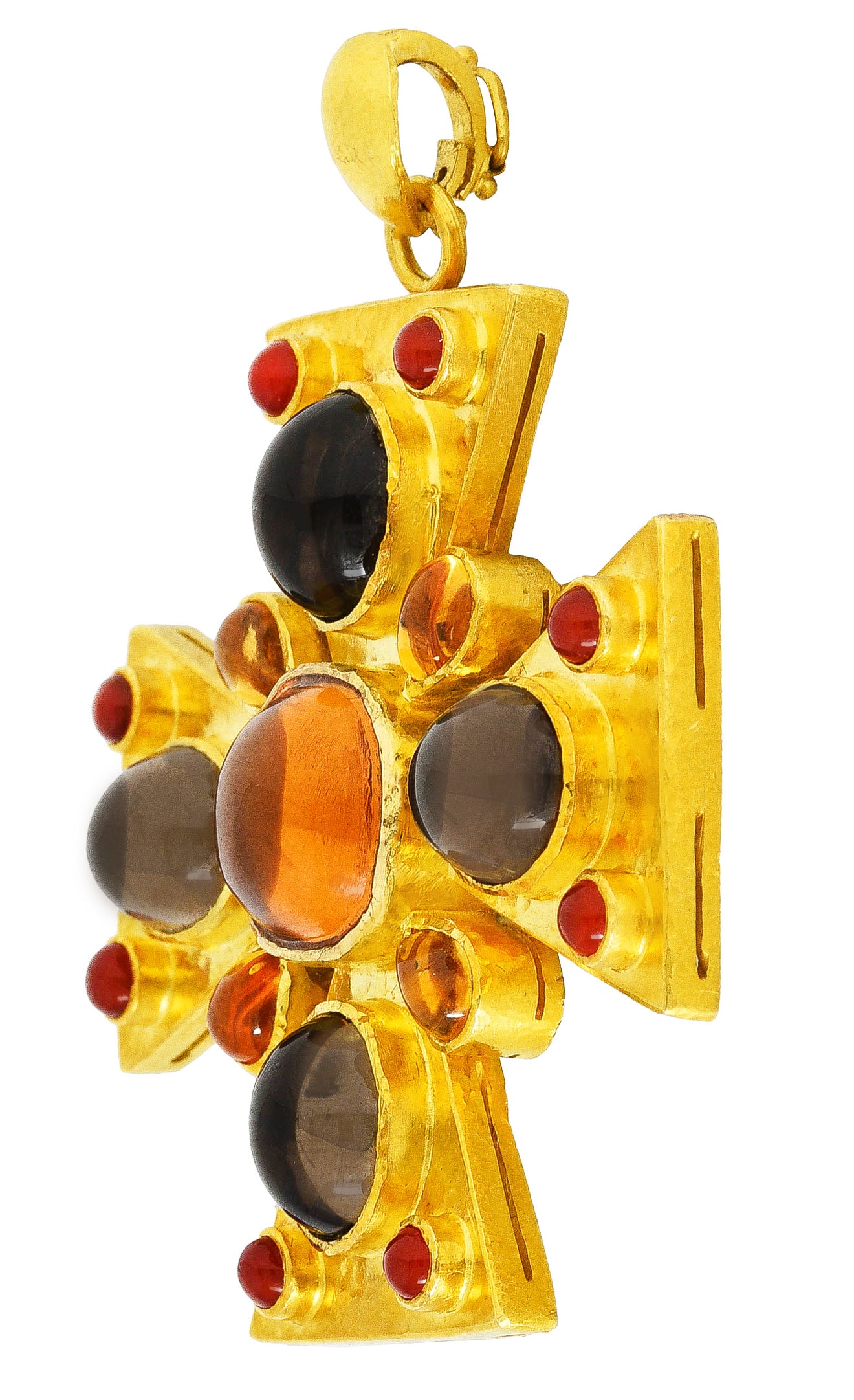 Elizabeth Locke Citrine Smokey Quartz Carnelian Mother-of-Pearl 19 Karat Yellow Gold Maltese Cross Enhancer Pendant Wilson's Estate Jewelry