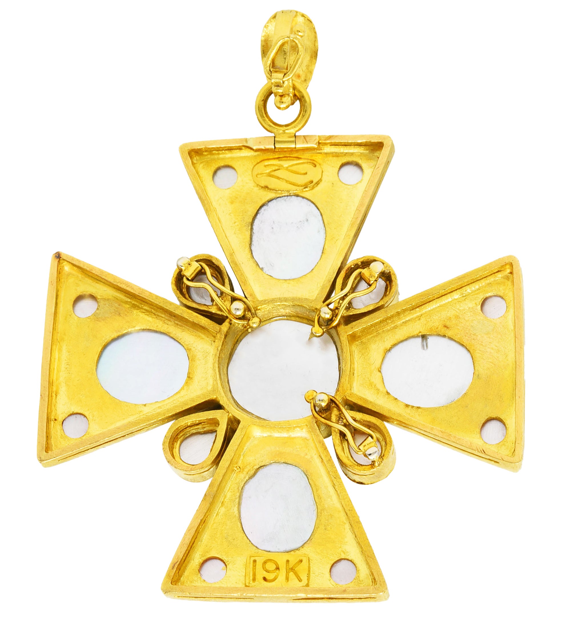 Elizabeth Locke Citrine Smokey Quartz Carnelian Mother-of-Pearl 19 Karat Yellow Gold Maltese Cross Enhancer Pendant Wilson's Estate Jewelry