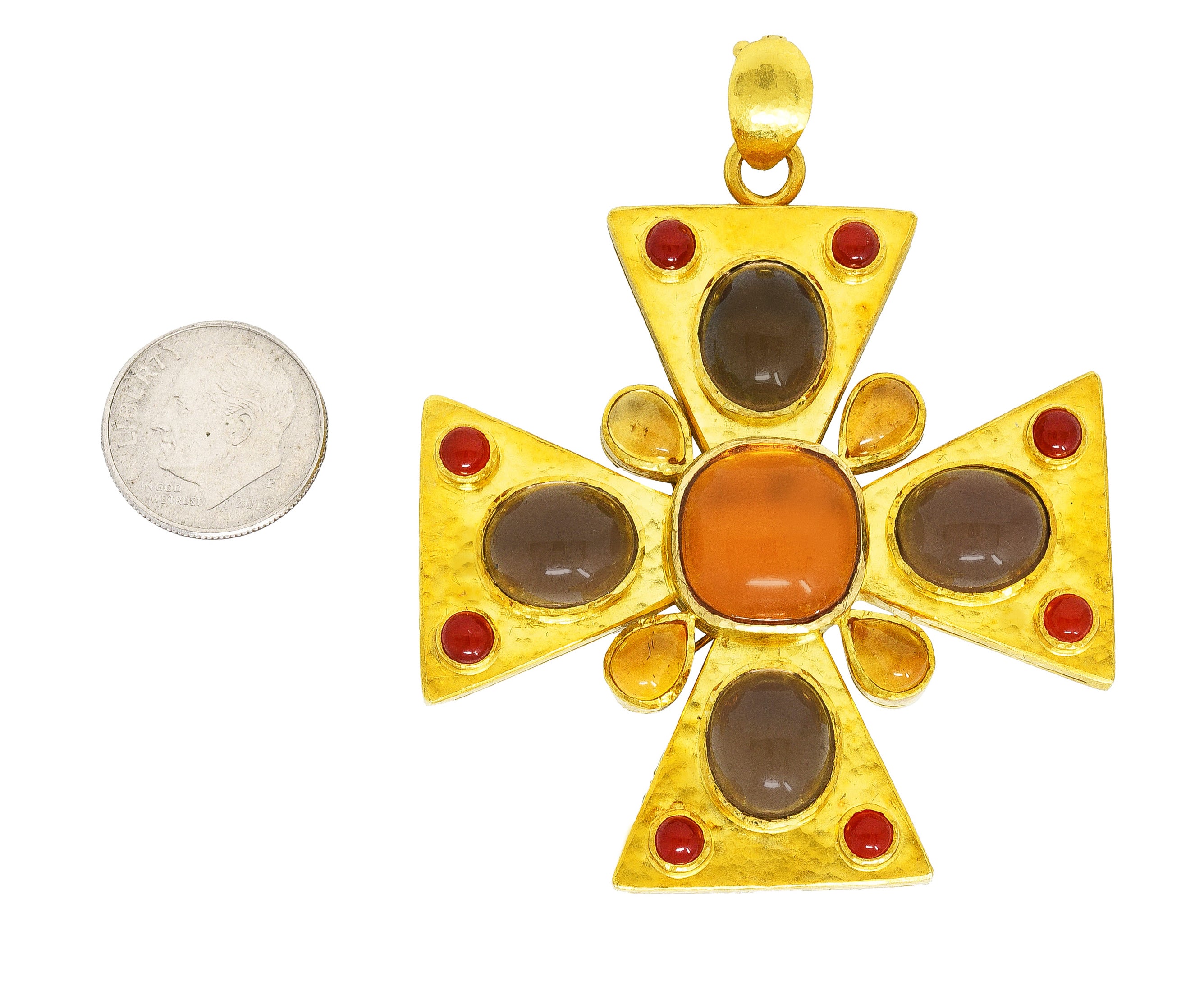 Elizabeth Locke Citrine Smokey Quartz Carnelian Mother-of-Pearl 19 Karat Yellow Gold Maltese Cross Enhancer Pendant Wilson's Estate Jewelry