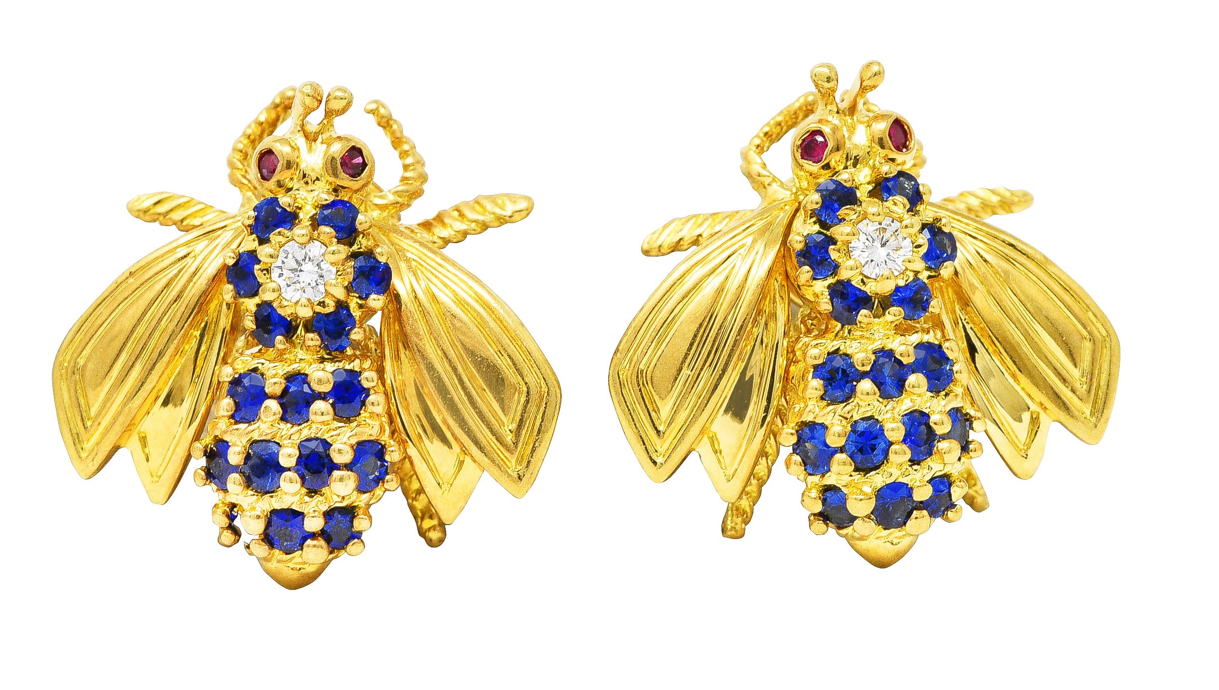 Tiffany & Co. 0.78 CTW Diamond Sapphire Ruby 18 Karat Yellow Gold Bee Vintage Earrings Wilson's Estate Jewelry