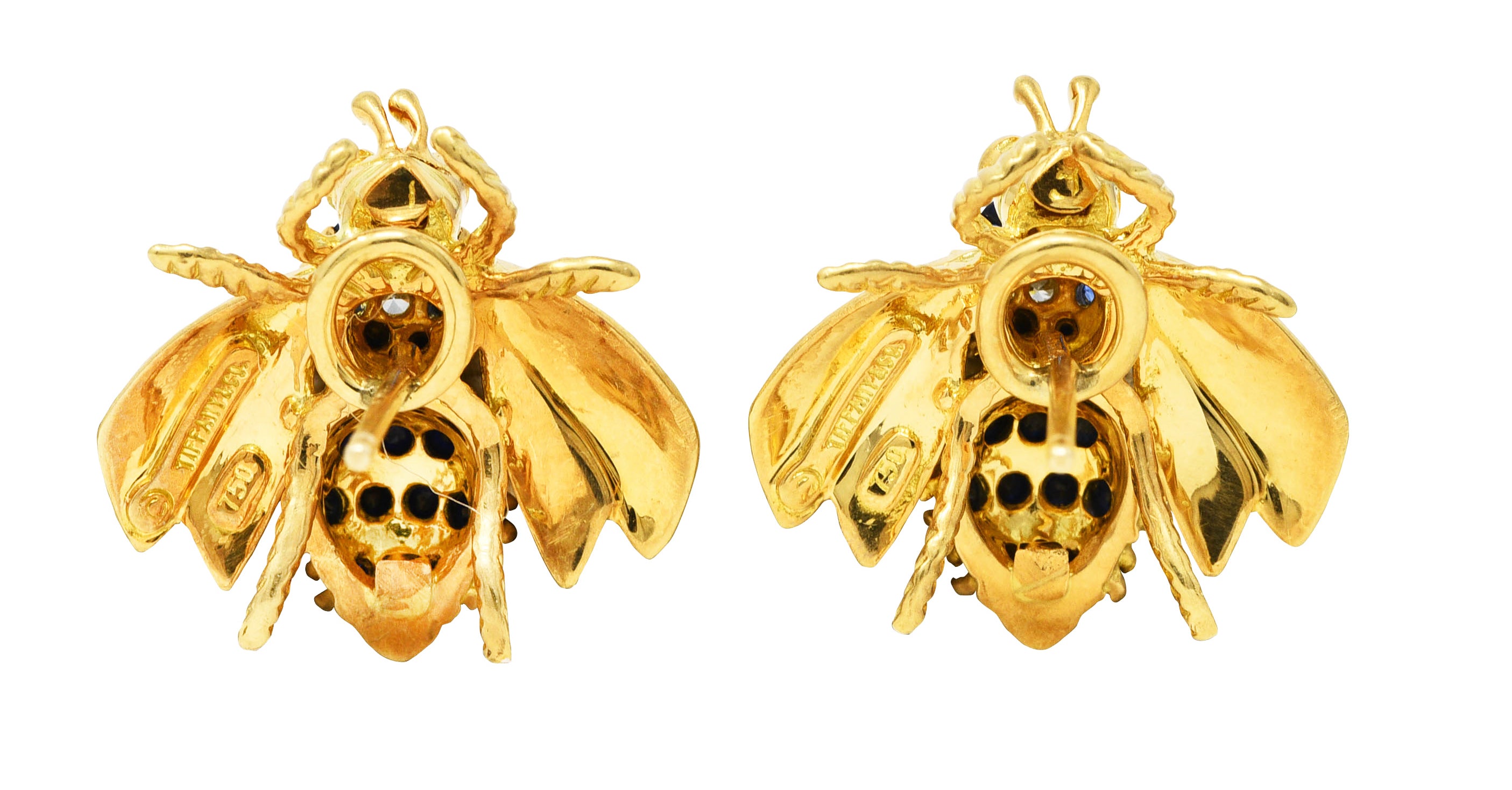 Tiffany & Co. 0.78 CTW Diamond Sapphire Ruby 18 Karat Yellow Gold Bee Vintage Earrings Wilson's Estate Jewelry