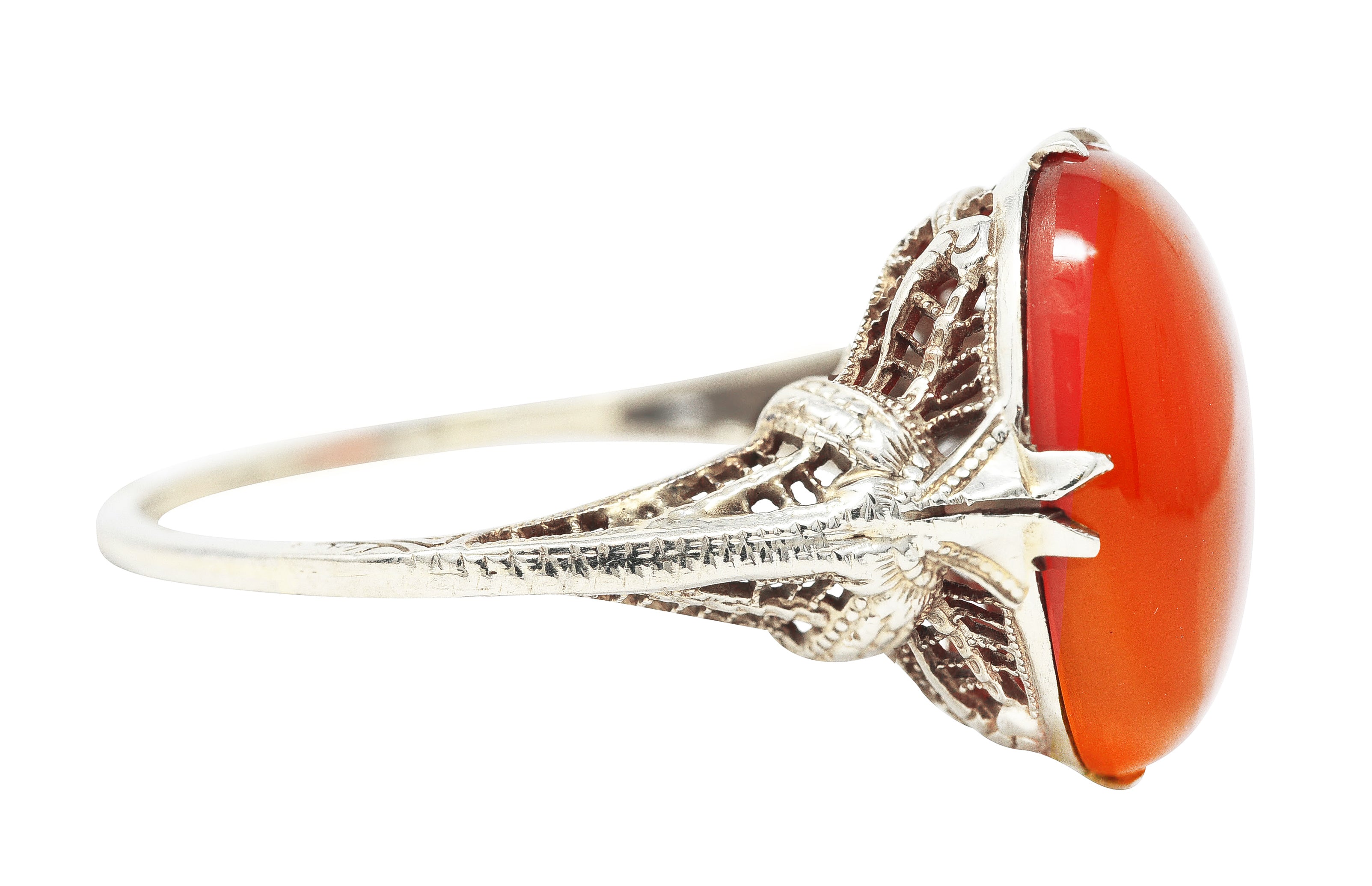 Edwardian Carnelian 18 Karat White Gold Scrolling Filigree Trellis Antique Ring Wilson's Estate Jewelry