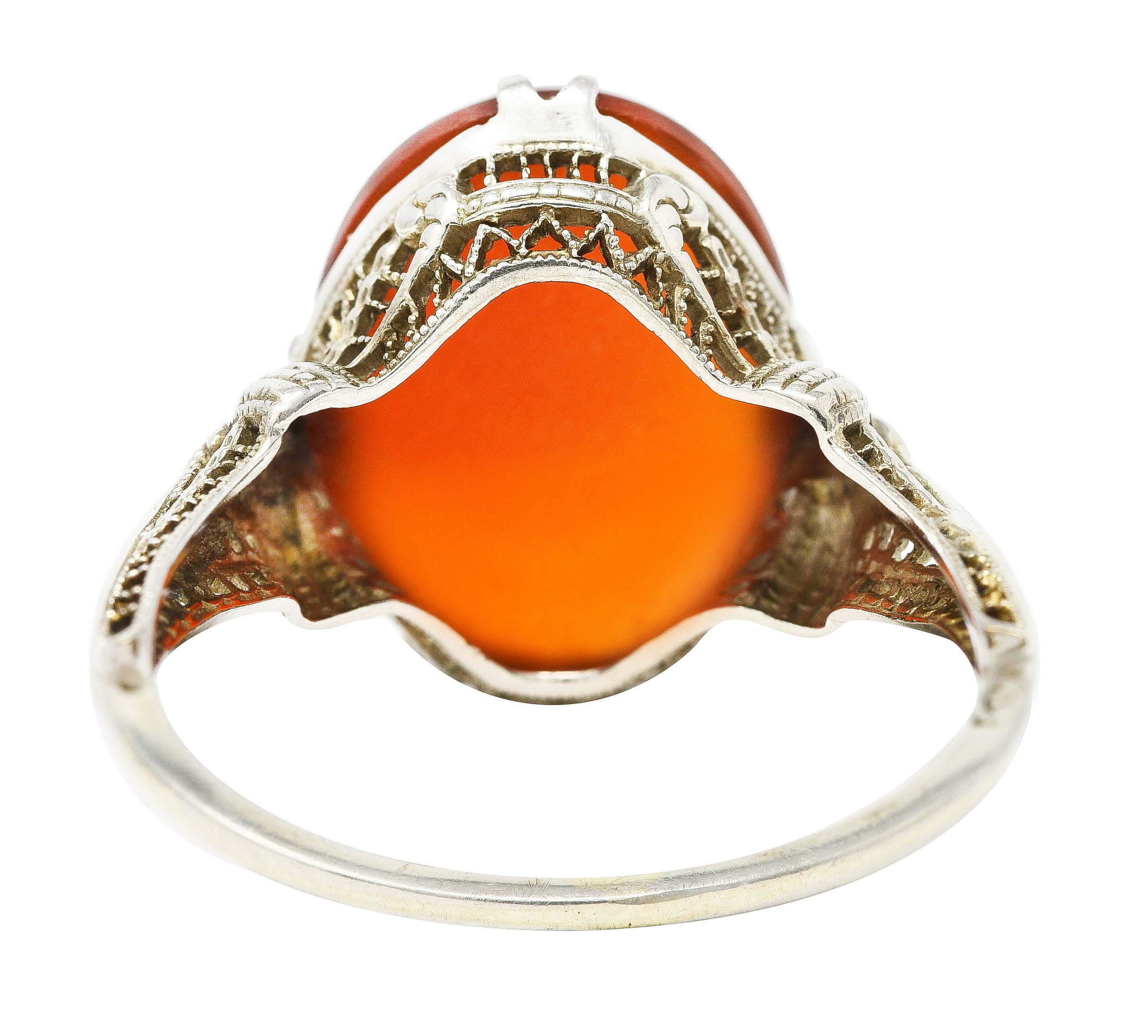 Edwardian Carnelian 18 Karat White Gold Scrolling Filigree Trellis Antique Ring Wilson's Estate Jewelry