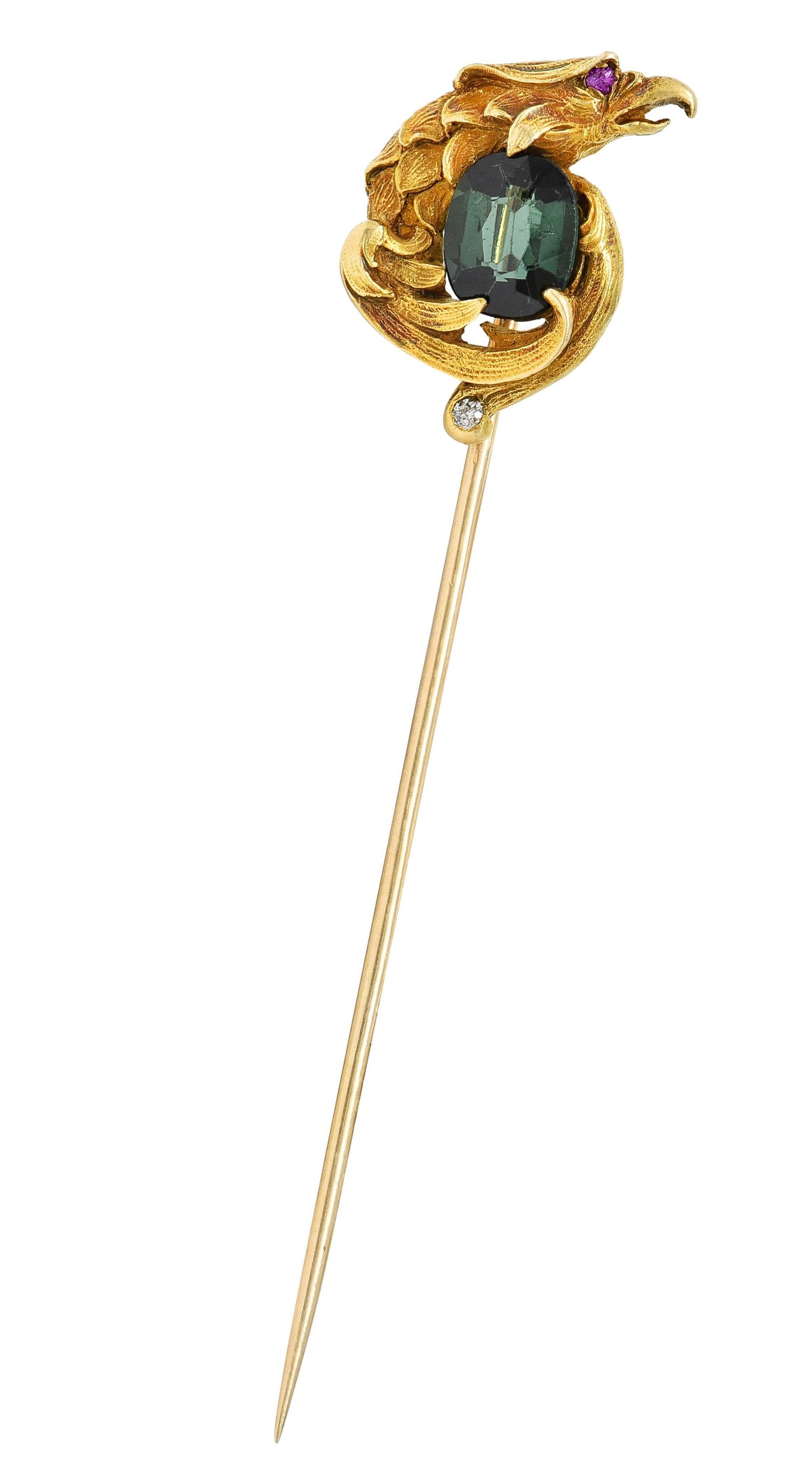 Art Nouveau Tourmaline Ruby 14 Karat Yellow Gold Antique Eagle Stickpin