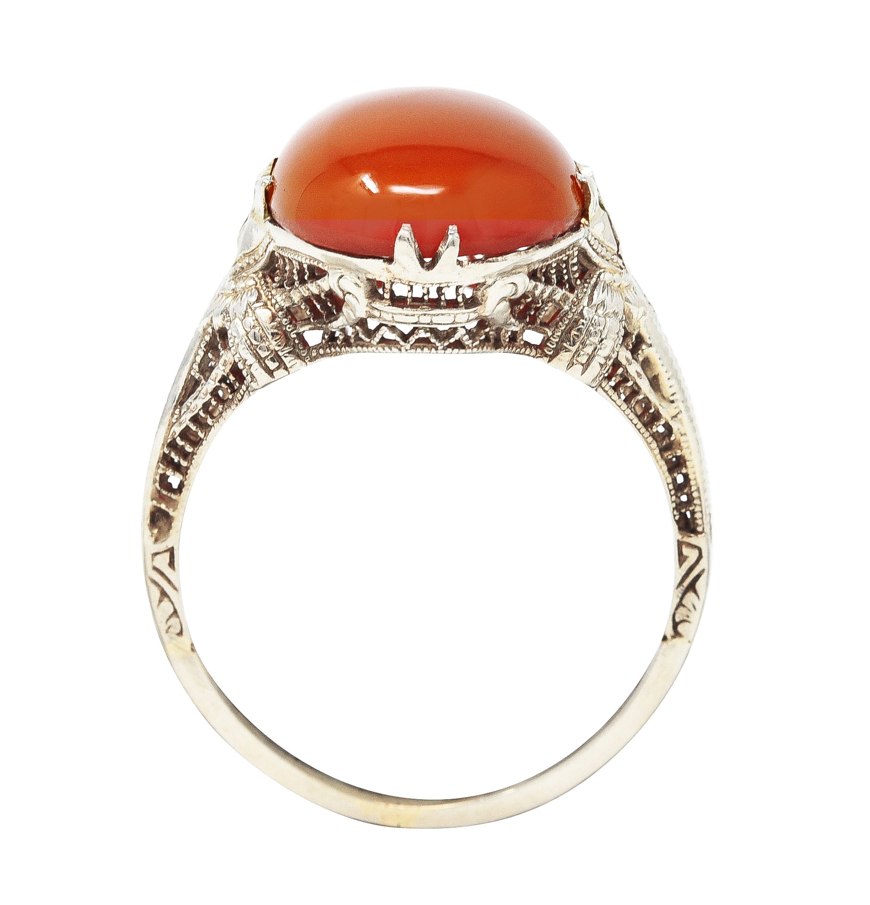 Edwardian Carnelian 18 Karat White Gold Scrolling Filigree Trellis Antique Ring Wilson's Estate Jewelry