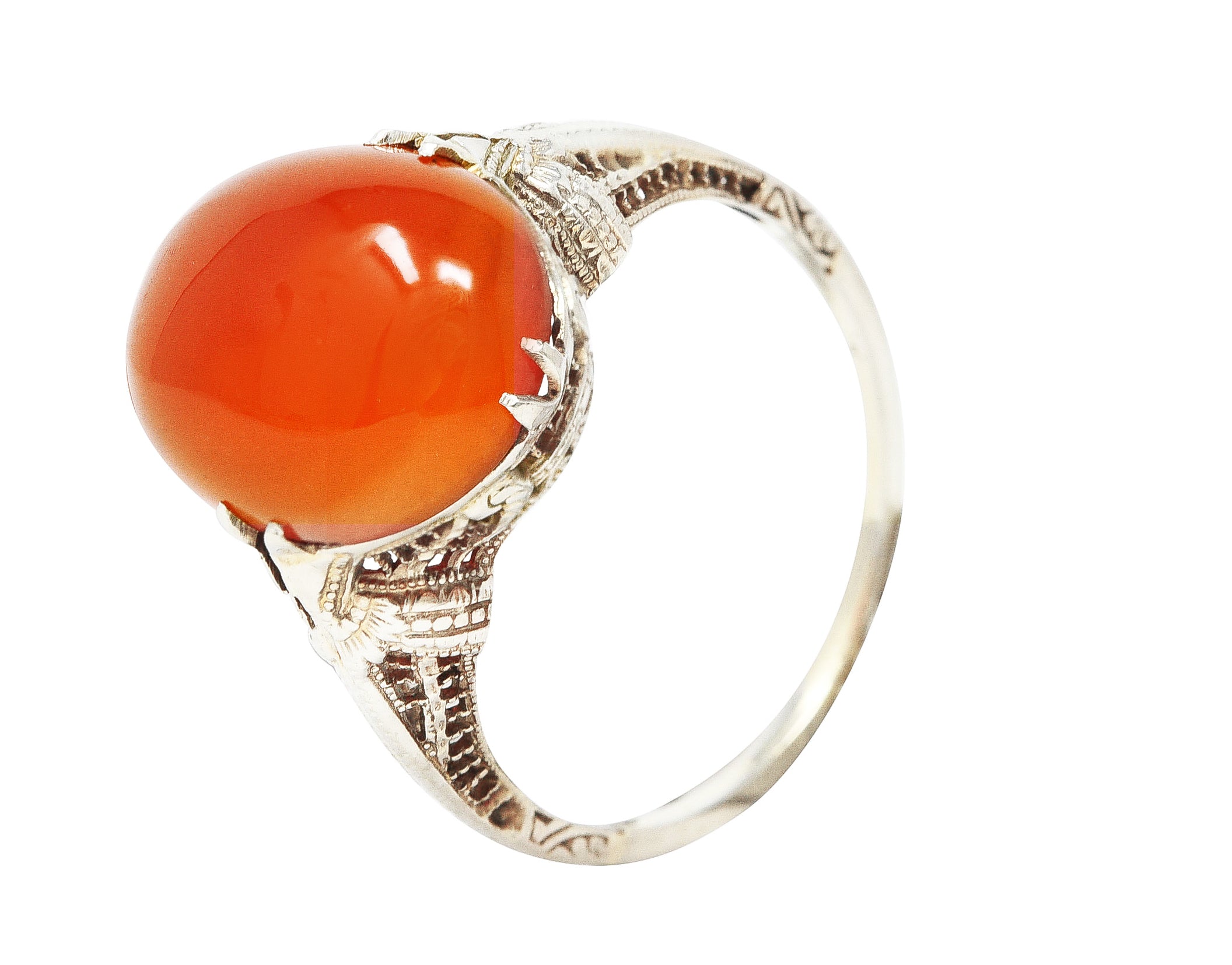 Edwardian Carnelian 18 Karat White Gold Scrolling Filigree Trellis Antique Ring Wilson's Estate Jewelry