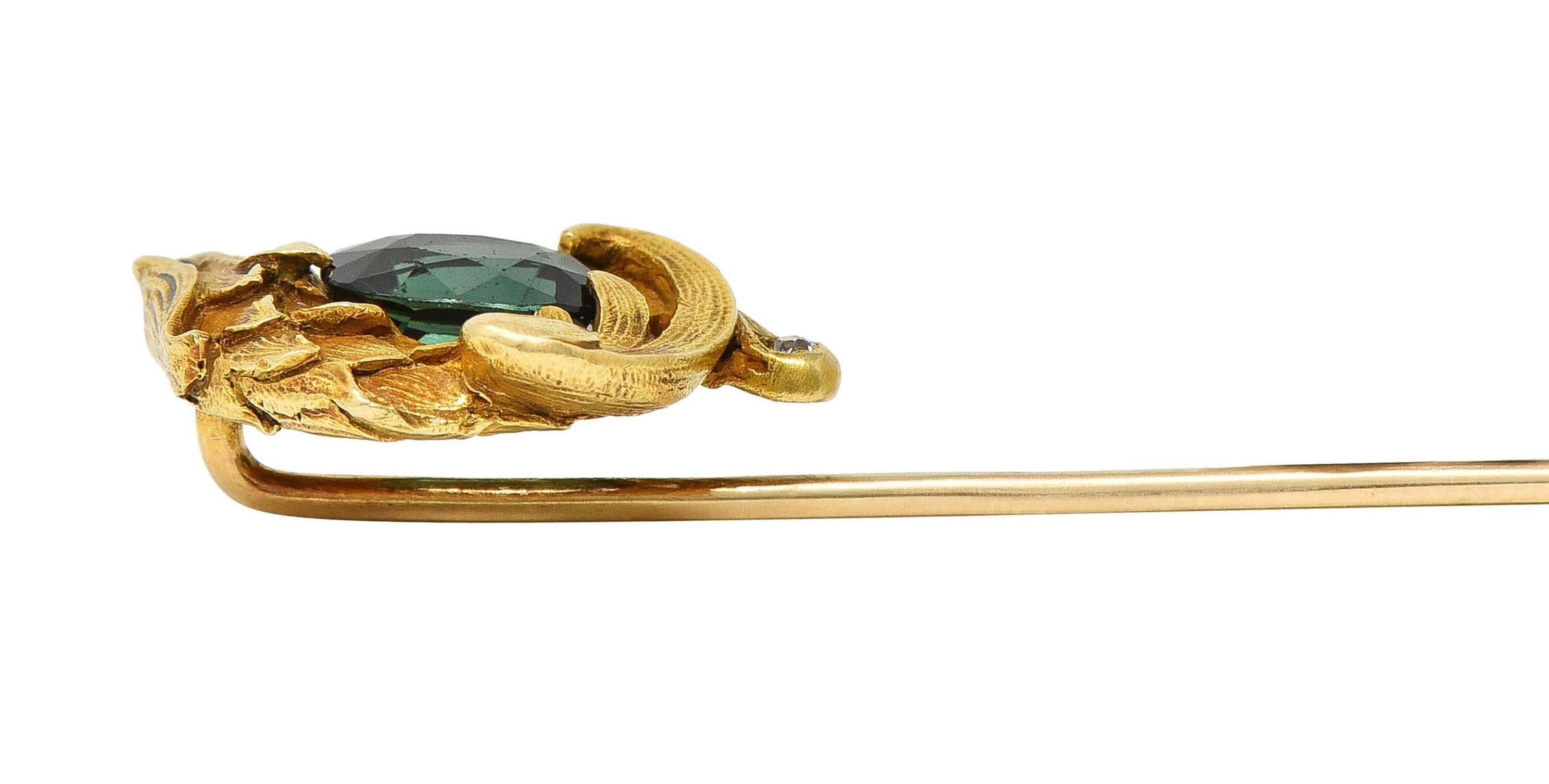 Art Nouveau Tourmaline Ruby 14 Karat Yellow Gold Antique Eagle Stickpin