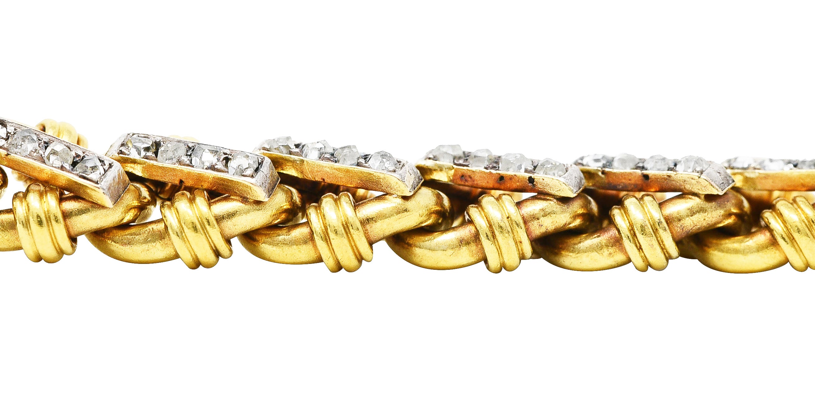 Edwardian Diamond Platinum 18 Karat Yellow Gold Antique Curb Link Bracelet Wilson's Estate Jewelry