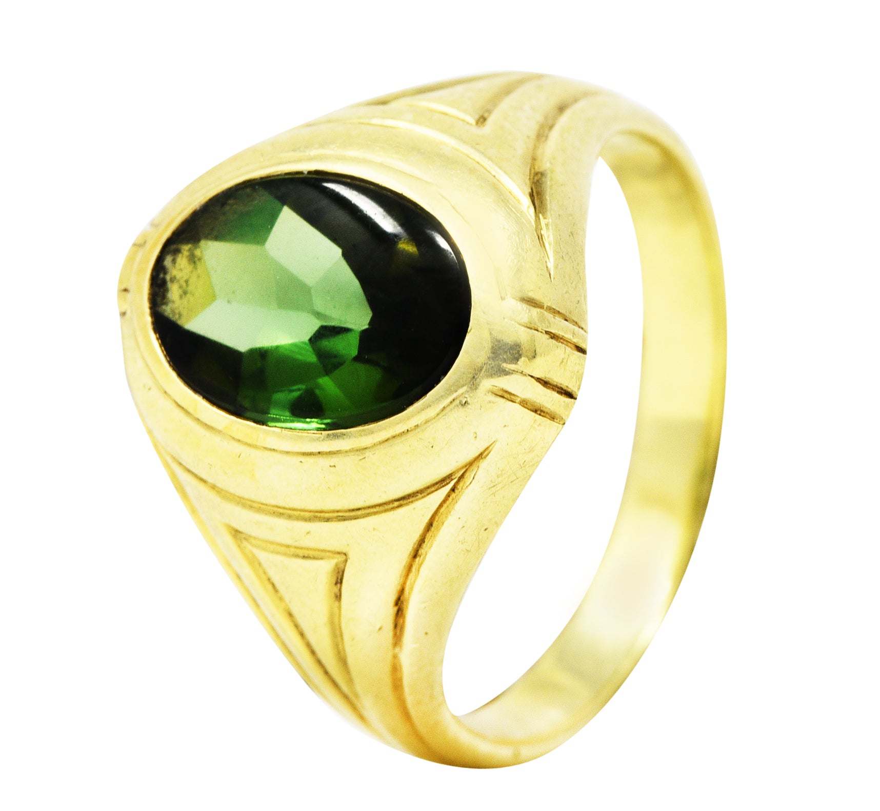 1930's Jones & Woodland Green Tourmaline 14 Karat Green Gold Unisex Signet RingRing - Wilson's Estate Jewelry