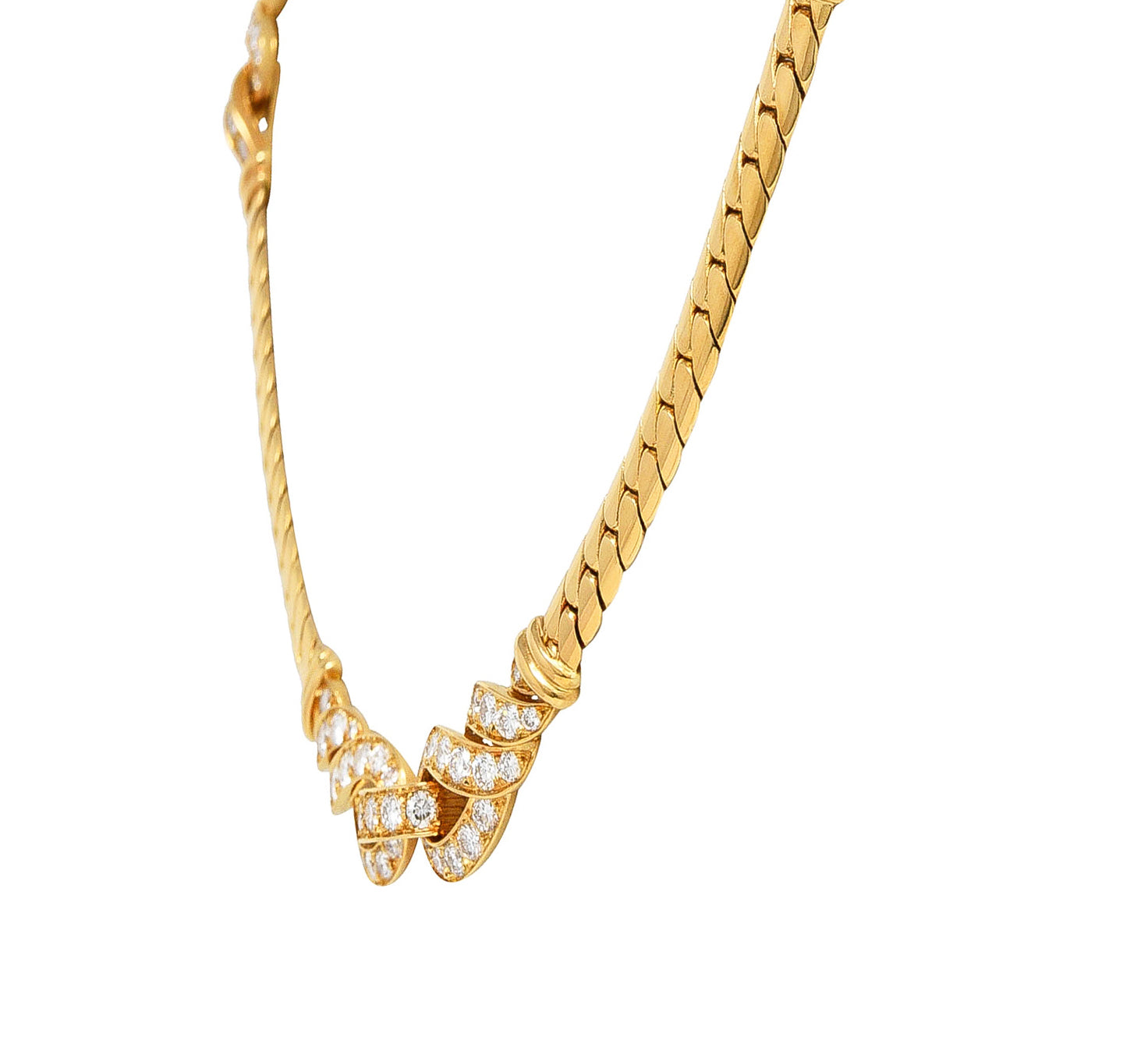 Cartier French 3.12 CTW Diamond 18 Karat Yellow Gold Agrafe Herringbone Twisted Rope Vintage Station Collar Necklace Wilson's Estate Jewelry