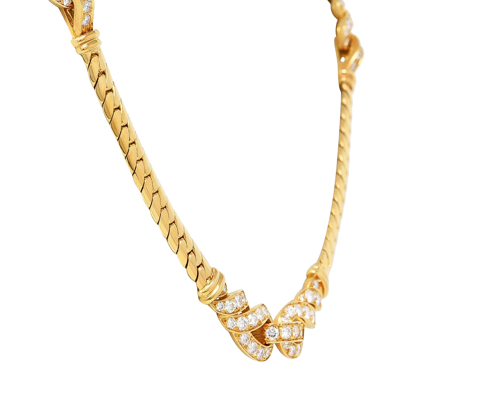 Cartier French 3.12 CTW Diamond 18 Karat Yellow Gold Agrafe Herringbone Twisted Rope Vintage Station Collar Necklace Wilson's Estate Jewelry